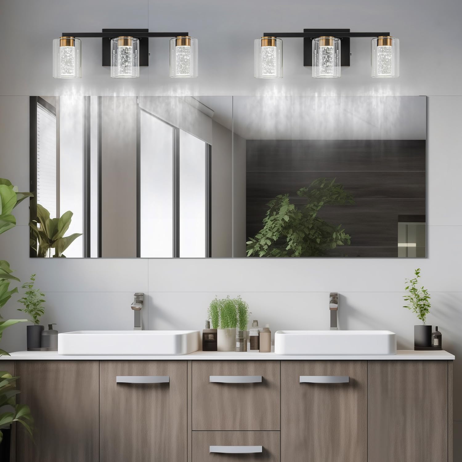 2-Light Brushed Nickel Vanity Light with 3 Color Modes (3000K/4000K/6000K), Eye Protection LED Bathroom Light Fixture, Dimmable Modern Wall Light Over Mirror with Clear Glass Shade