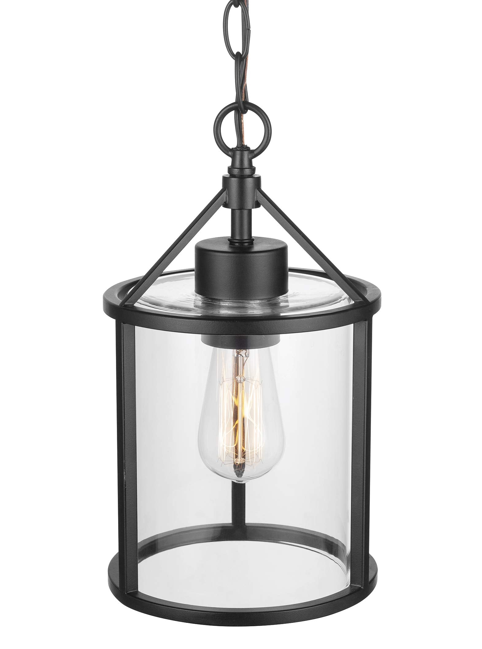 1-Light Outdoor Pendant, Matte Black, Clear Glass Shade, E26 Base Socket, Kitchen Island, Café, Ceiling Hanging Light Fixture, Modern, Vintage, Porch Light, Bulb Not Included