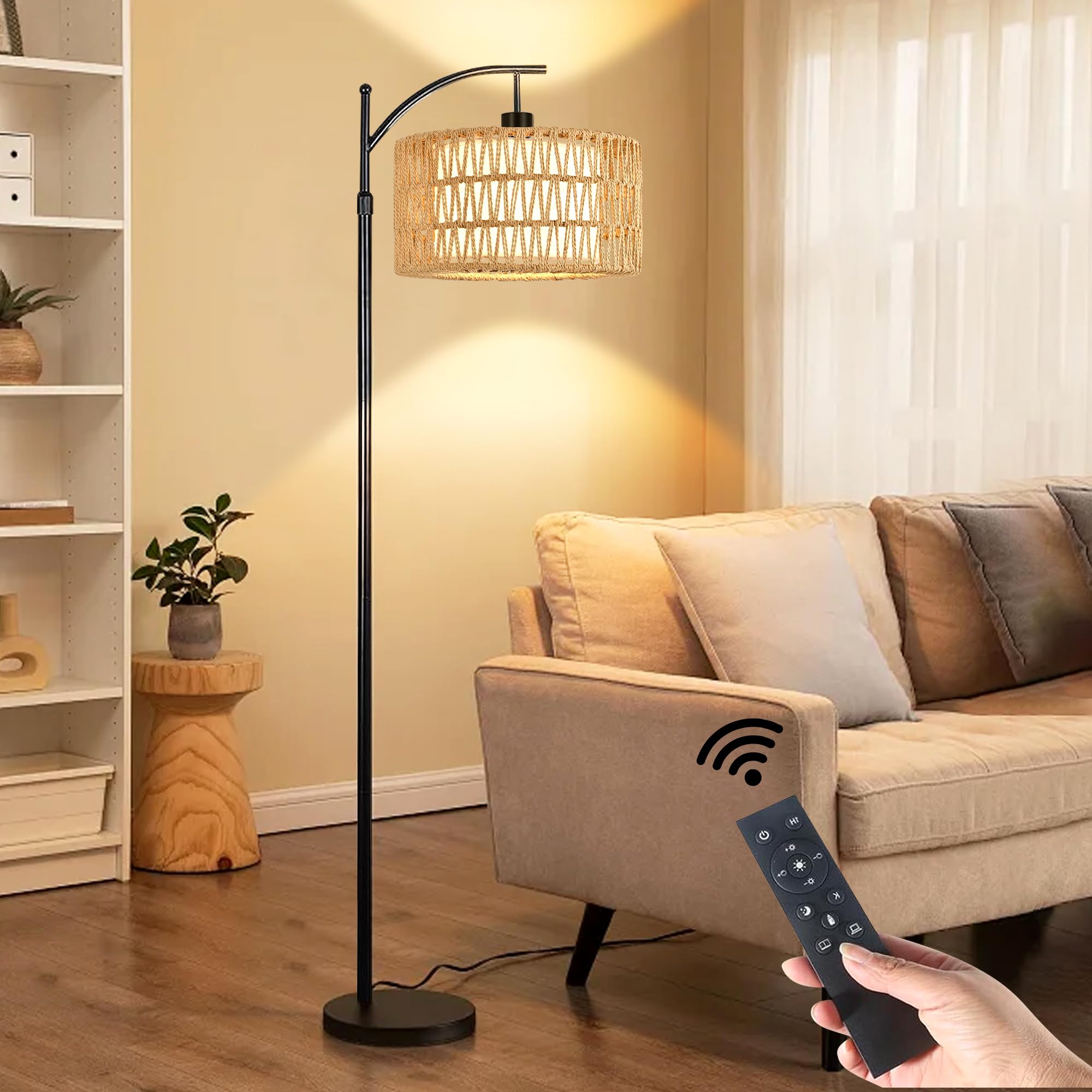 Floor Lamp for Living Room Bedroom with Remote Boho Rattan Arc Standing Lamp Dimmable Black Farmhouse Wicker Bamboo Lamp Shade Floor Light Adjustable Tall Lamp Industrial Floor Lamps Bohemian