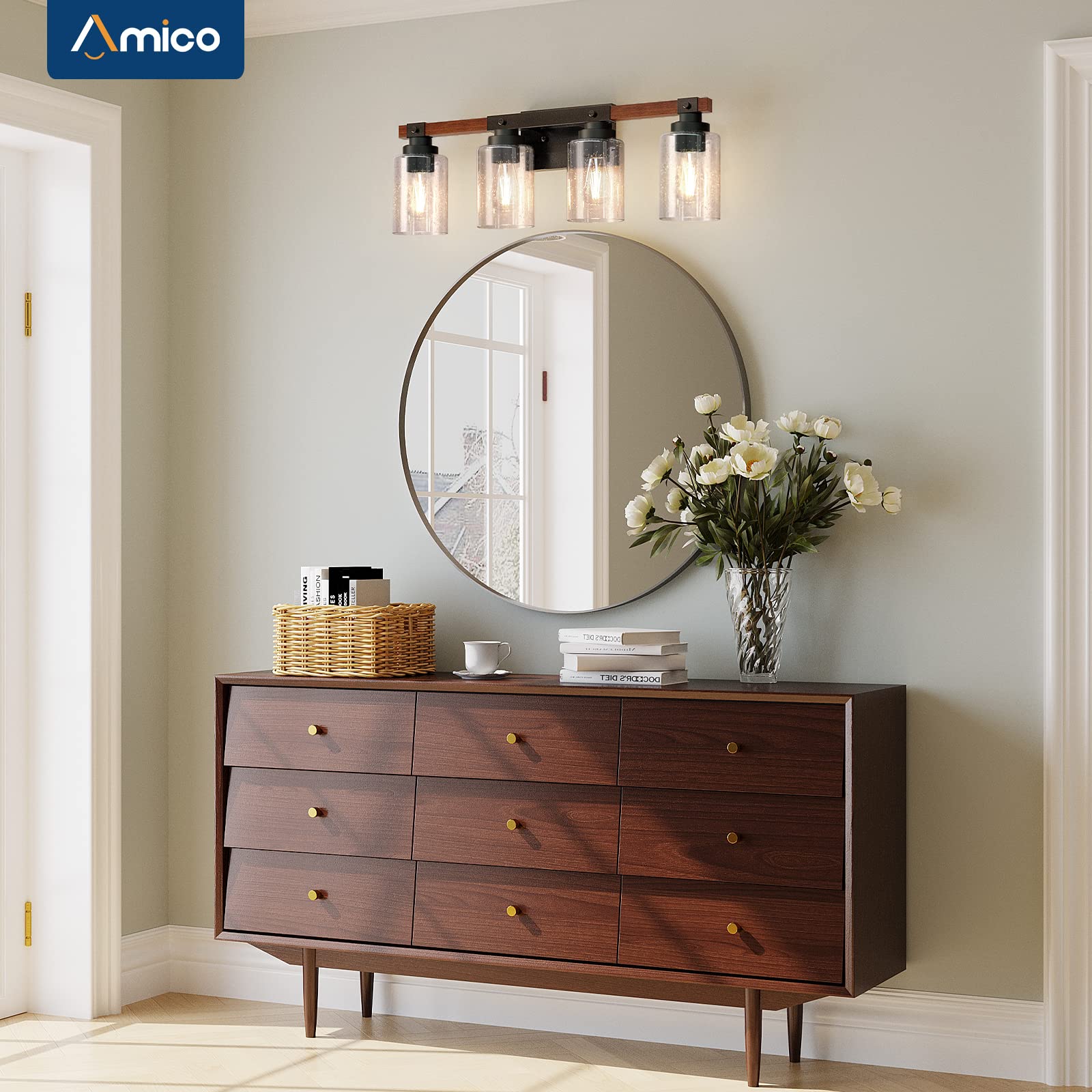 Amico Farmhouse Bathroom Vanity Light Fixtures,Rustic 4-Light Industrial Painted Wood Vanity Lights for Bathroom,Vintage Black Wall Sconces Bathroom Vanity Lighting with Bubble Glass Shade