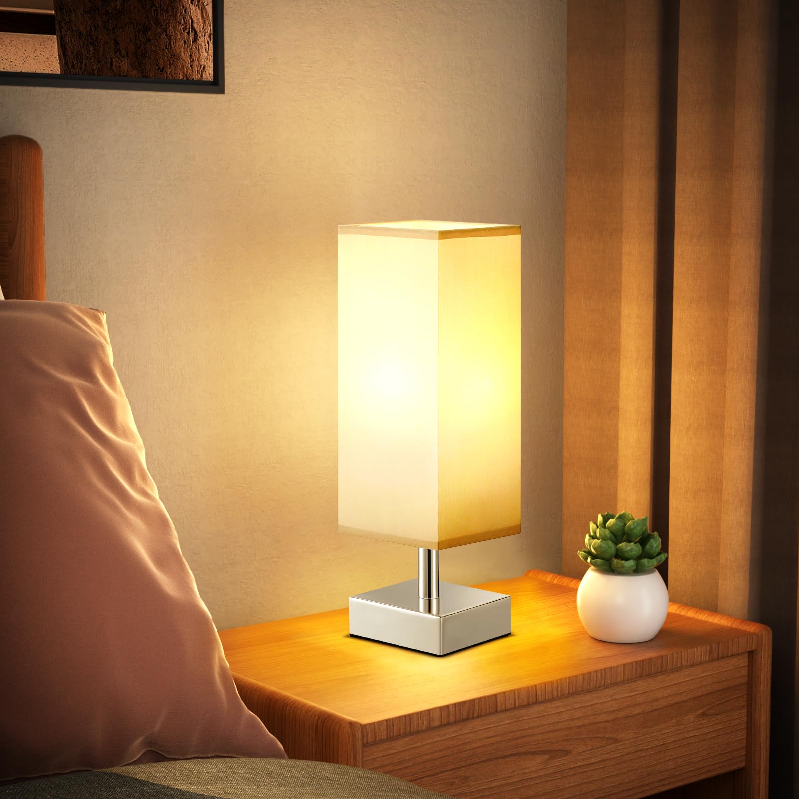 Small Table Lamp for Bedroom - Bedside Lamps for Nightstand, Minimalist Night Stand Light Lamp with Square Fabric Shade, Desk Reading Lamp for Kids Room Living Room Office Dorm