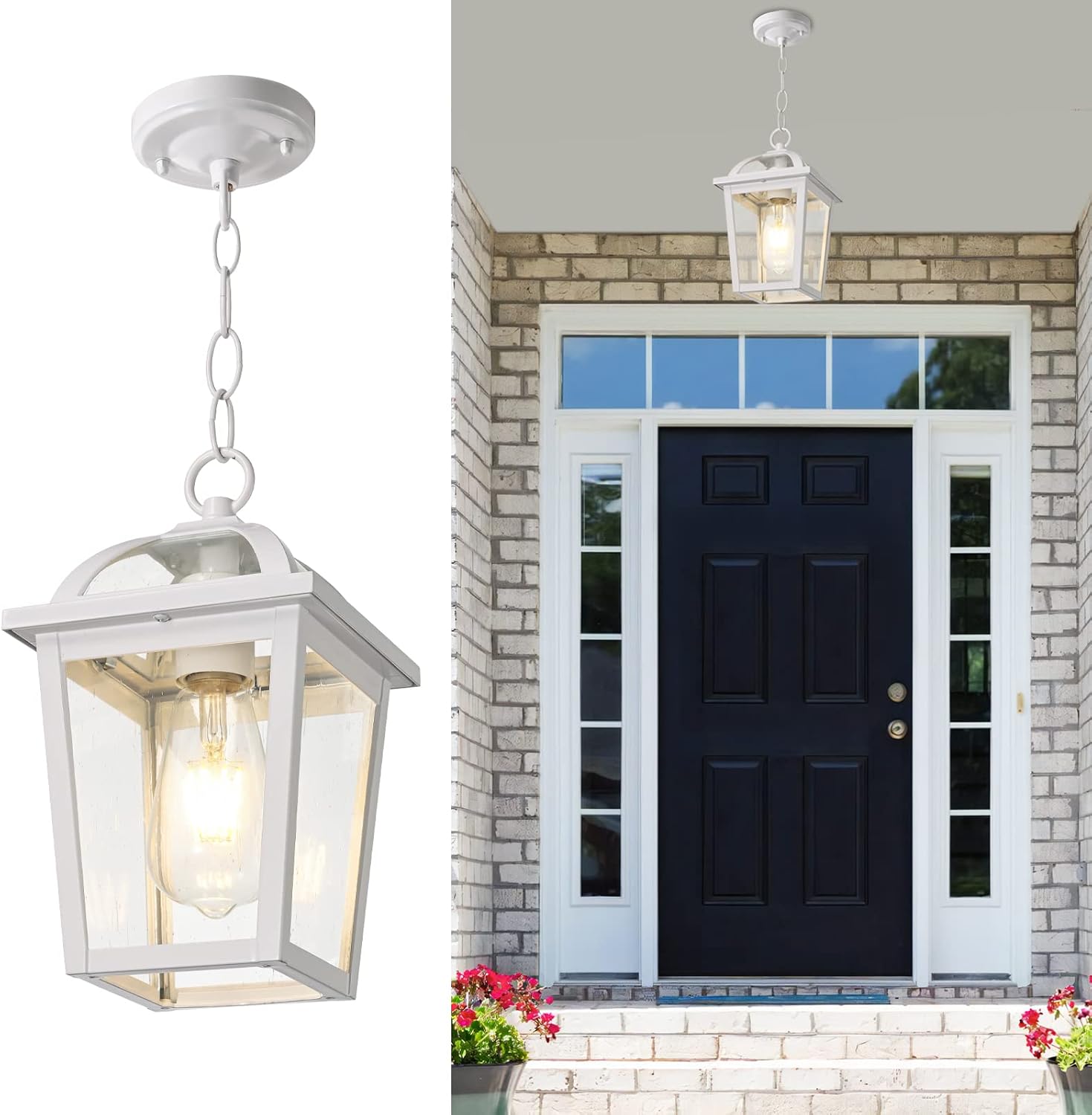 Outdoor Pendant Light Fixture, White Retro Exterior Hanging Lantern with Adjustable Chain, Outdoor Hanging Porch Light with Seeded Glass for Patio Backyard Front Porch