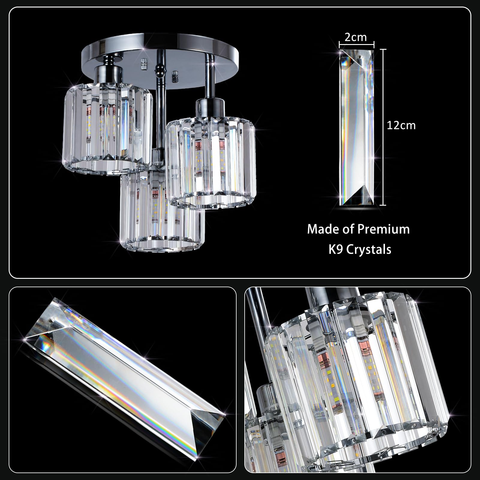 Modern Semi Flush Mount Ceiling Light,3-Light Crystal Close to Ceiling Light Fixtures,Golden Kitchen Light Fixtures with Clear Crystal Shade,Hallway Light Fixtures for Hallway Bedroom Bathroom