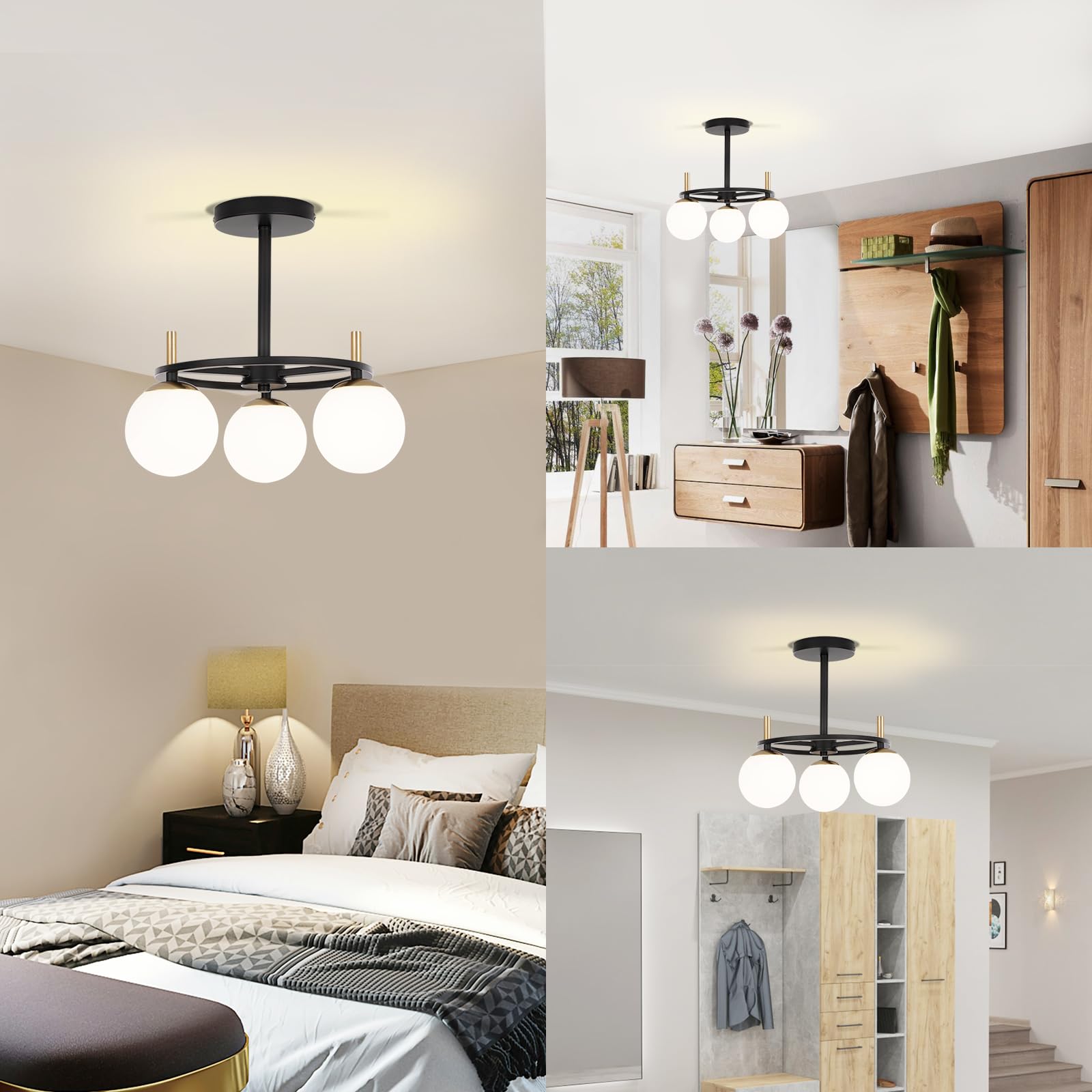 Modern Semi Flush Mount Ceiling Light - Easric Gold Ceiling Light Fixture Mid Century Light Fixtures Ceiling Mount with 3 Frosted Glass Lampshade Globe Ceiling Lamp for Hallway Kitchen Bedroom