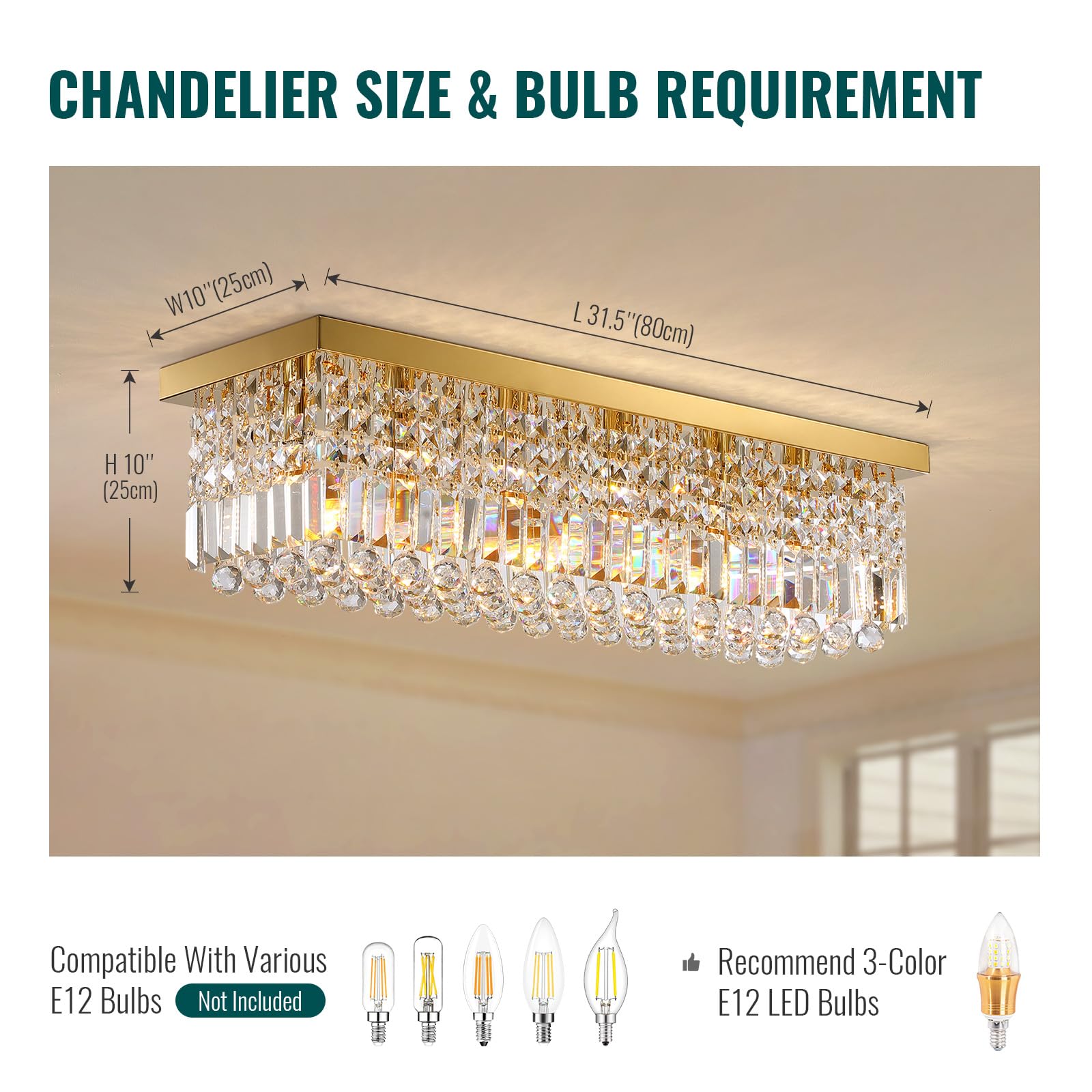 6-Light Modern Crystal Chandelier Rectangular Gold K9 Crystal Raindrop Chandelier for Dining Room, Luxury Adjustable Ceiling Pendant Light for Living Room Kitchen Island L31.5'' x W10'' x H10''