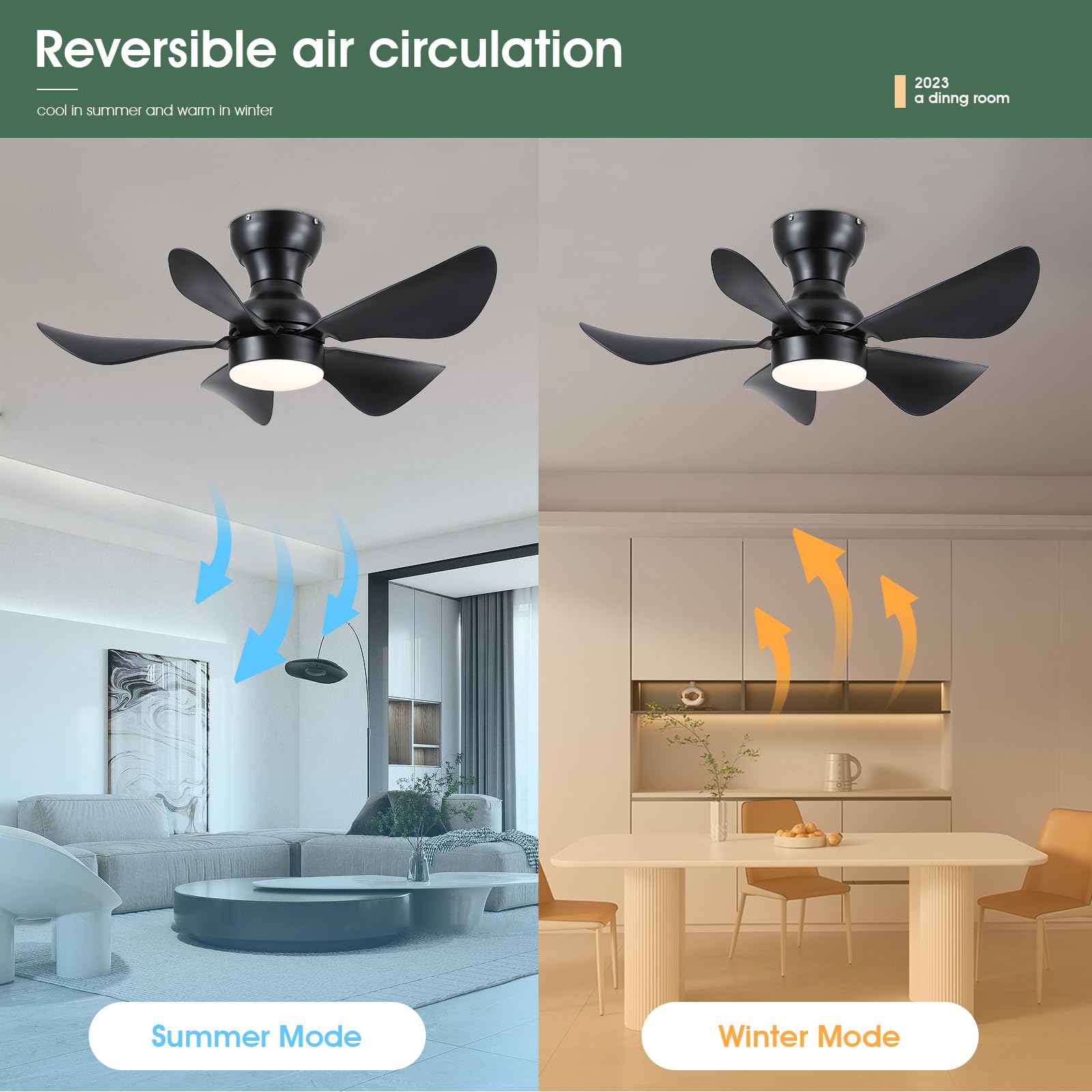 Ceiling Fans with Lights and Remote/APP Control, 30 inch Low Profile Ceiling Fans with 5 Reversible Blades 3 Colors Dimmable 6 Speeds Ceiling Fan for Bedroom Kitchen Dining Room, White