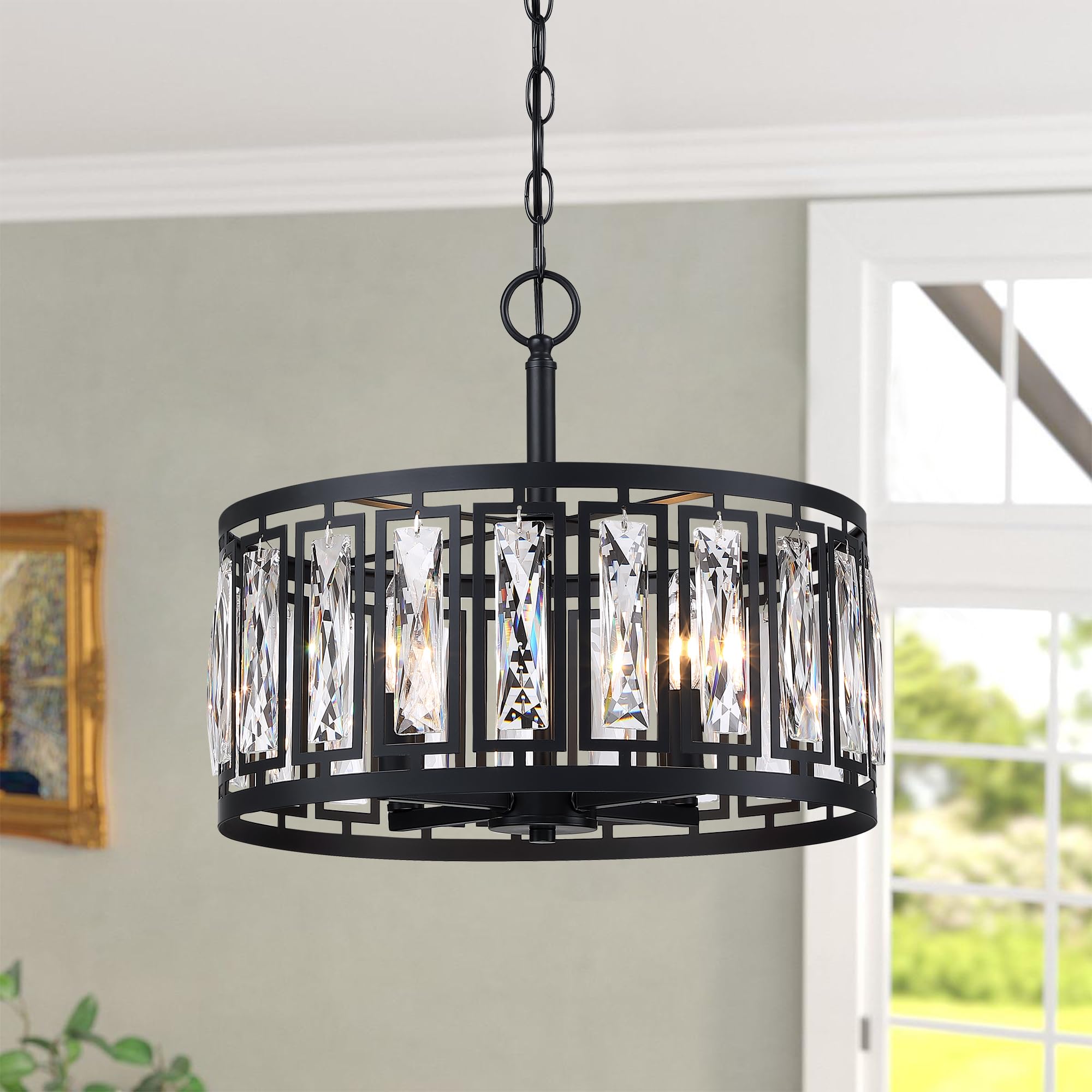 Crystal Pendant Lighting Fixture Matte Black Drum Shade Chandelier,2-Pack Pendant Lights for Kitchen Island Modern Ceiling Lights for Living Room