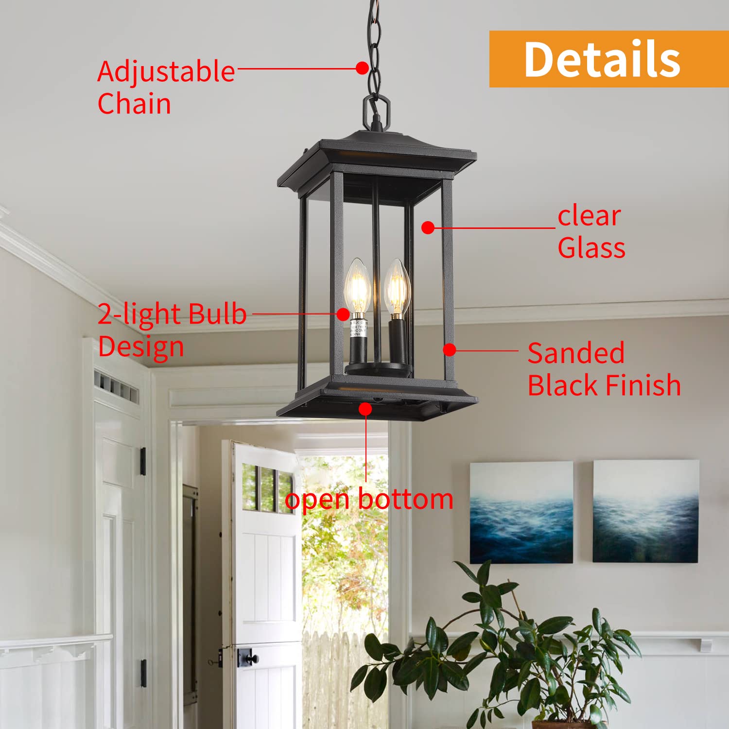 Large Outdoor Pendant Light, 3-Light Outdoor Chandelier, Retro Exterior Hanging Lantern, Hanging Outdoor Light Fixture for Porch, Seeded Glass Sheet with Matte Black Finish