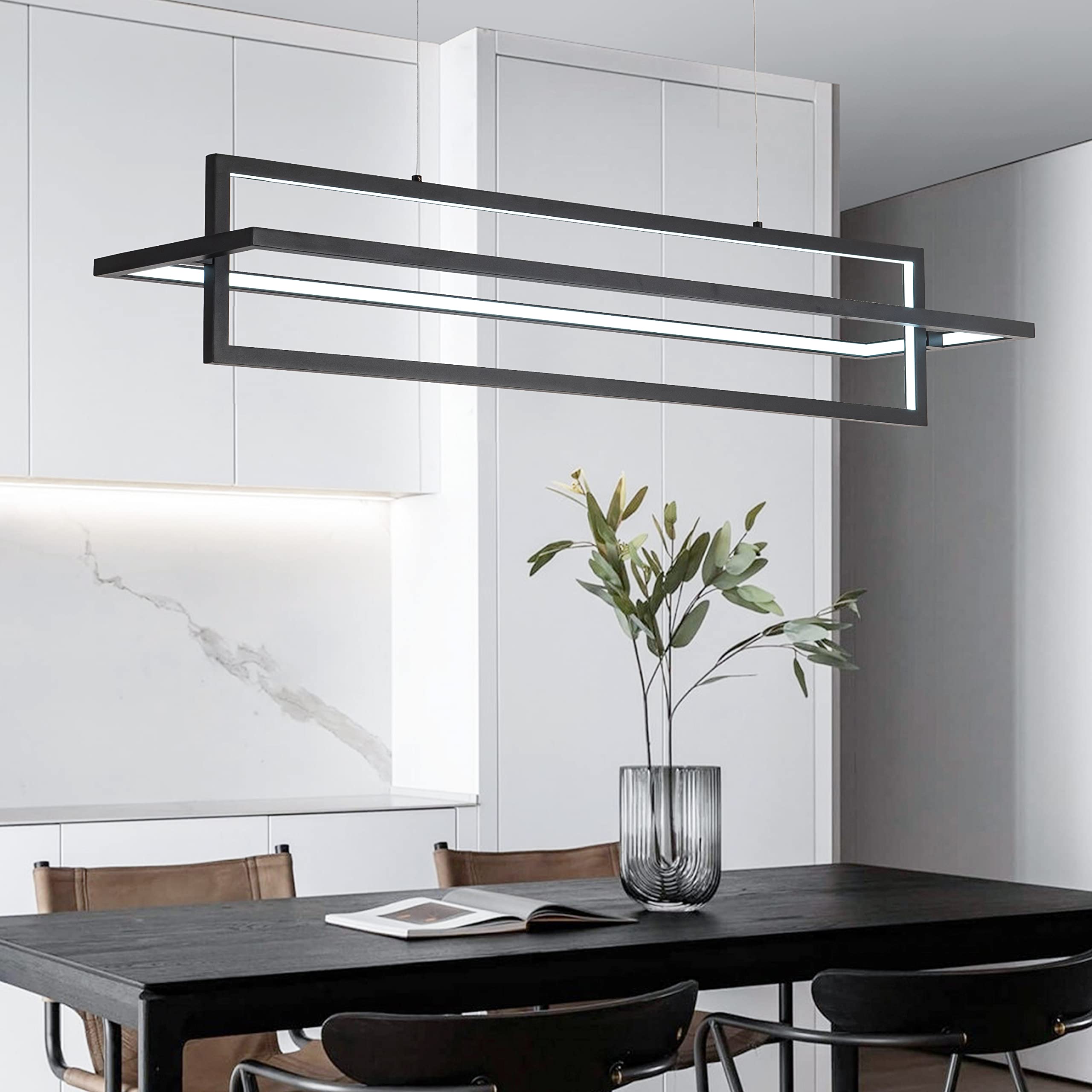 Modern LED Chandelier Linear Rectangle Chandelier Dimmable 35.4” Kitchen Island Lighting, Contemporary Hanging Linear Led Pendant Chandelier Light Fixture for Dining Room Hallway Bar Black