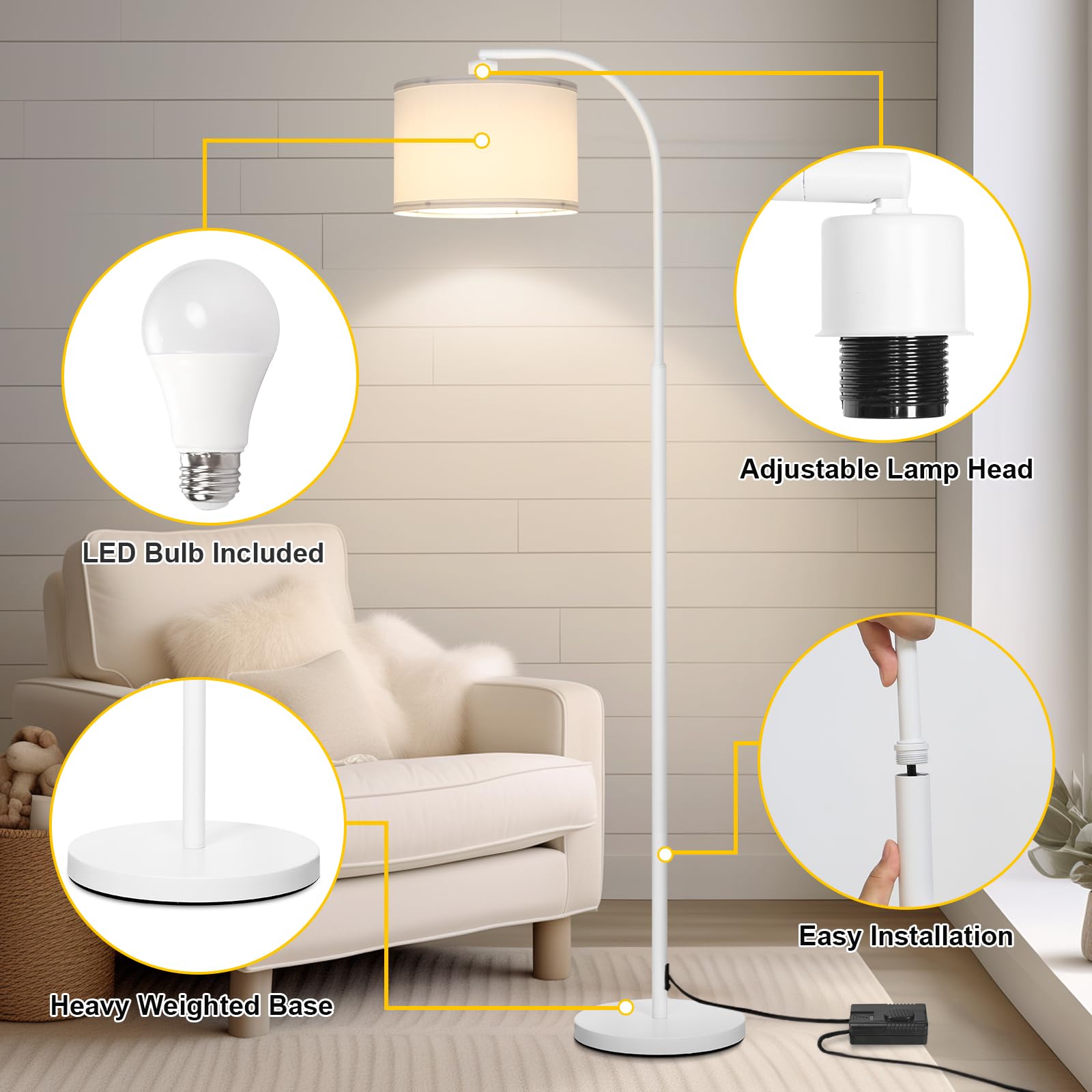 LED Floor Lamp Fully Dimmable Modern Standing Lamp Arc Floor Lamp with Adjustable Drum Shade, Gold Tall Pole Reading Lamp Corner Light for Living Room Bedroom Study Room, Bulb Included