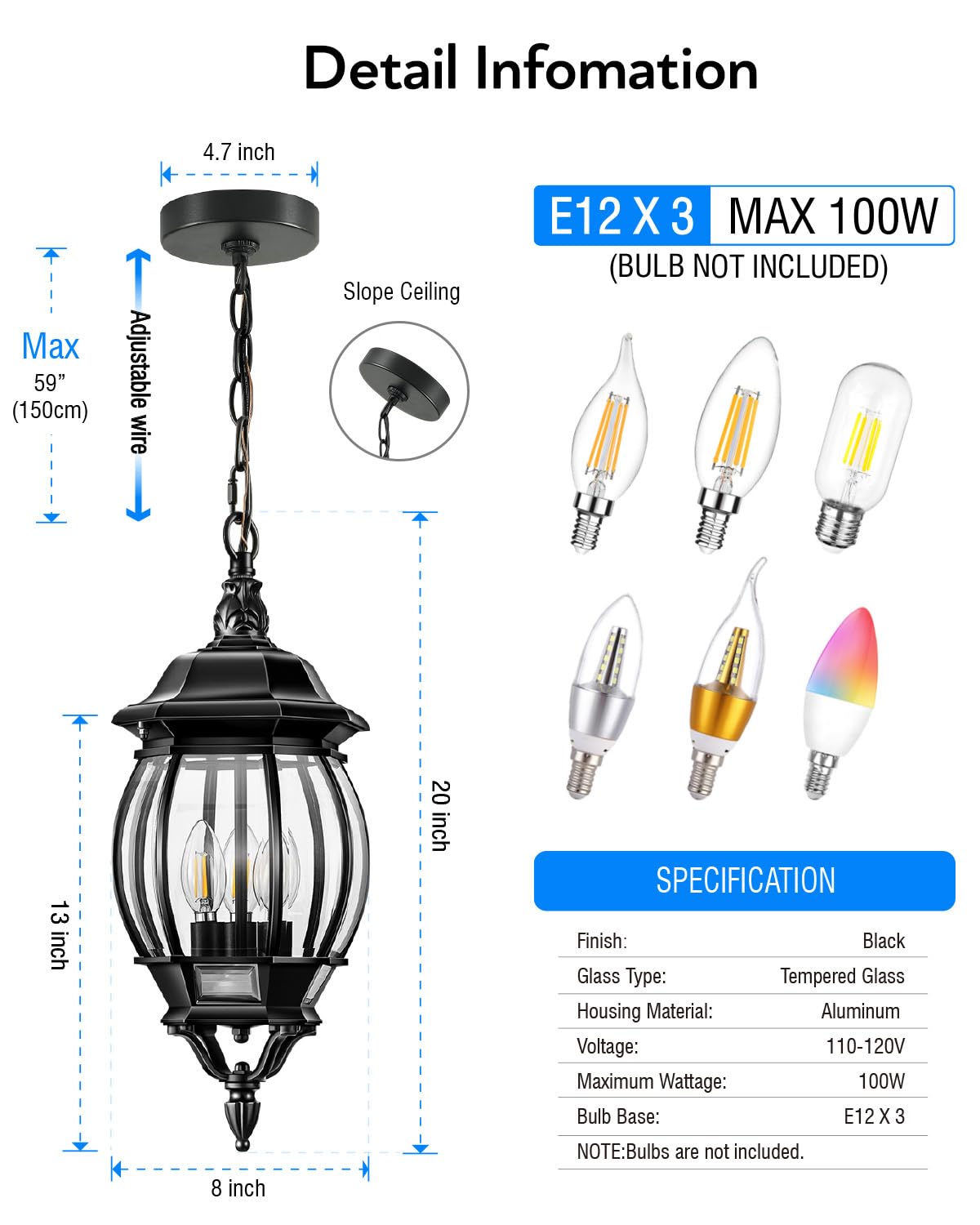 Black Outdoor Pendant Light, Aluminum Hanging Outdoor Lights with Waterproof, Outdoor Ceiling Lights for Porch Anti-Rust, Adjustable Outdoor Chandelier Lantern for House, Door