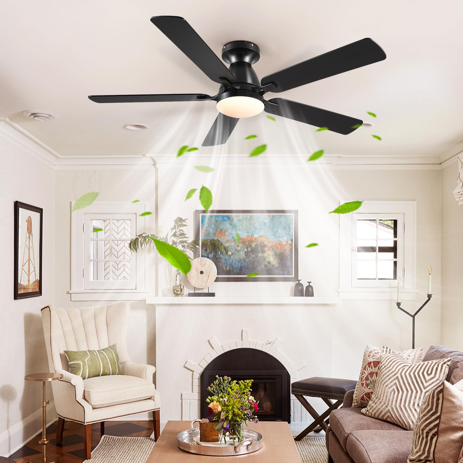 Ceiling Fans with Lights- 46"Low Profile Indoor Ceiling Fan with Light and Remote/APP Control, Flush Mount, LED Dimmable DC Reversible Modern Ceiling Fan for Bedroom（Black）