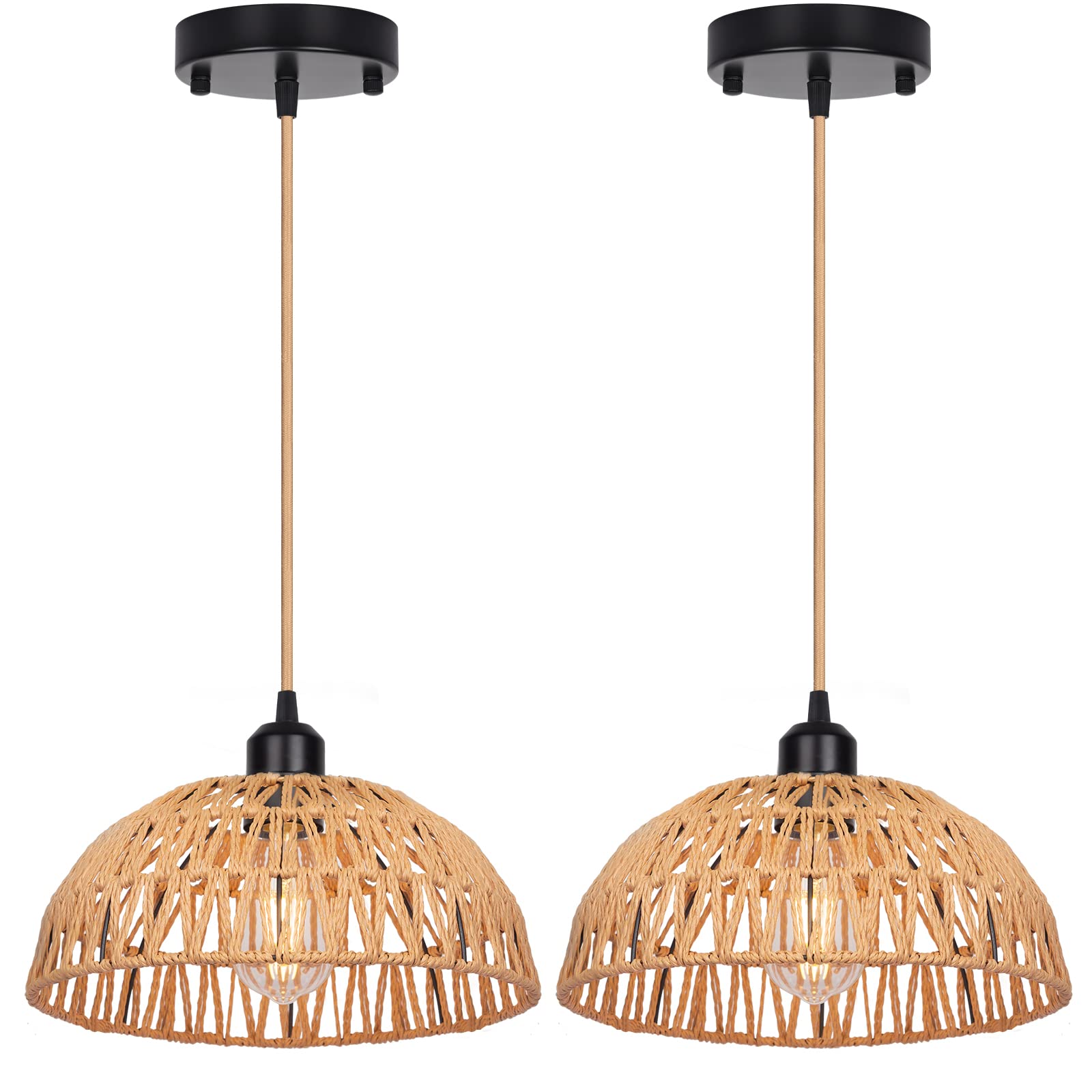 Rattan Pendant Light Fixtures 2 Packs, Boho Woven Basket Pendant Light, Handmade Wicker Hanging Lamp, Rattan Chandelier for Kitchen Island, Dining Room, Living Room, Bedroom, E26 Base