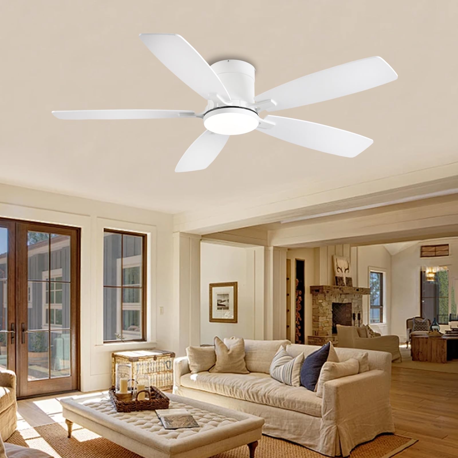 Ceiling Fans with Lights, 52 inch Low Profile Ceiling Fan with Light and Remote Control, Flush Mount, Reversible Motor, Dimmable, Noiseless, White Ceiling Fan for Bedroom, Indoor/Outdoor Use