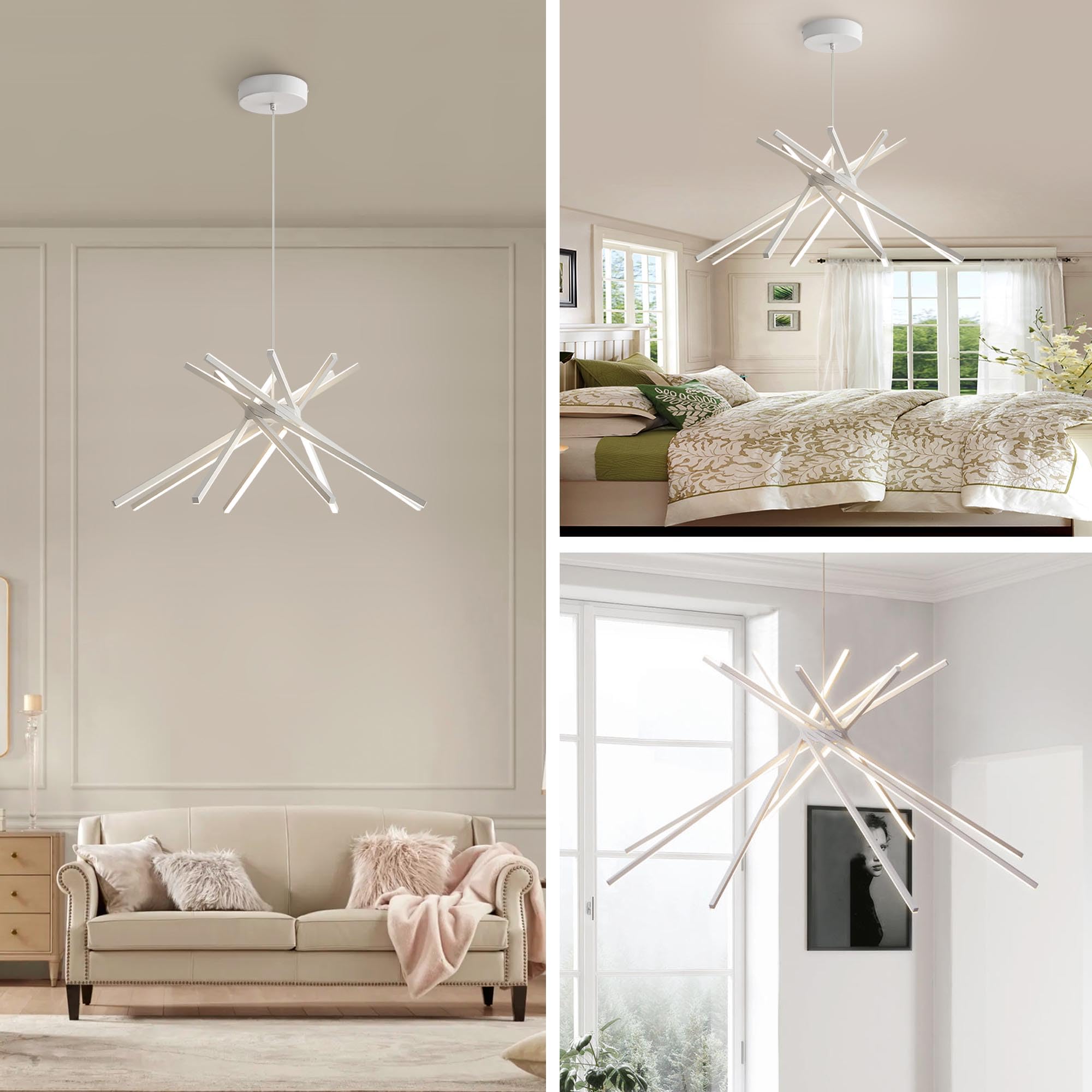 Modern Sputnik Chandeliers White Dining Room Light Fixture Farmhouse Minimalist Chandelier for Bedroom Kitchen Entryway Living Room Foyer Dimmable 8-Lights (3000K-6000K) LED