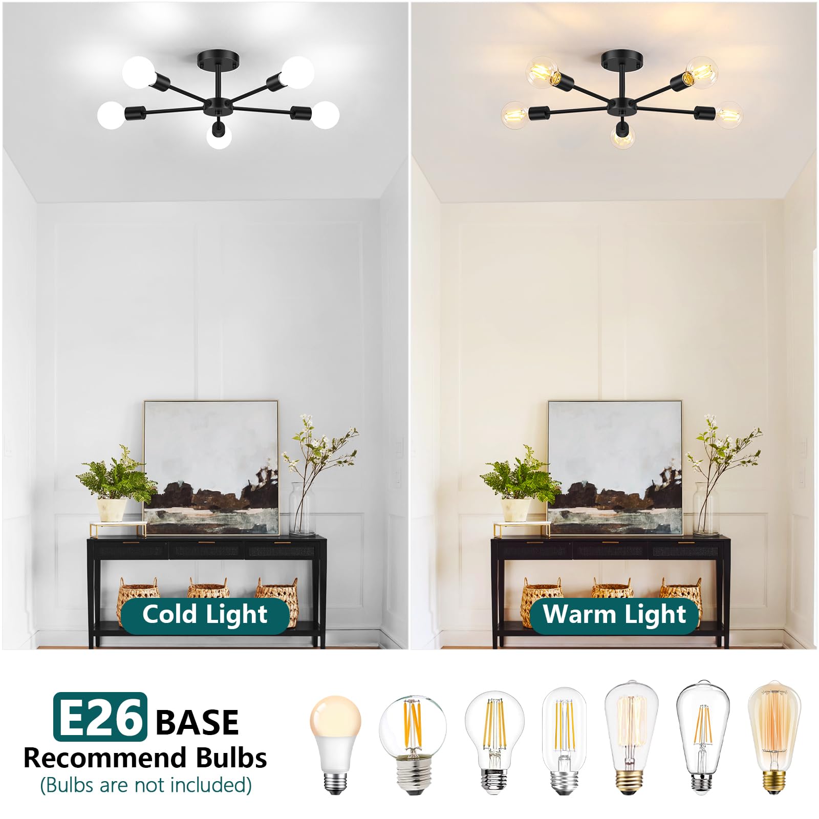 6-Lights Semi Flush Mount Ceiling Light, Matte Black Close to Ceiling Lighting with E26 Base, Modern Sputnik Light Fixtures for Kitchen Dining Room Bedroom Living Room