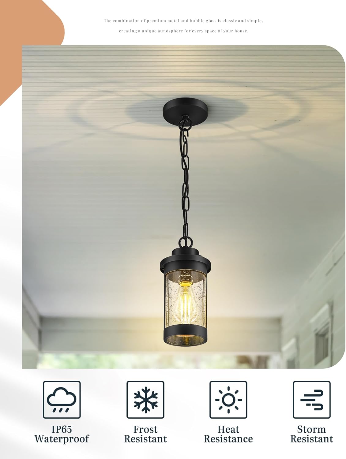 Outdoor Pendant Light, Outdoor Pendant Lights for Porch with Dusk to Dawn Sensor,Outdoor Hanging Light with Seeded Glass, Adjustable Chain, KR3337-W-1PK