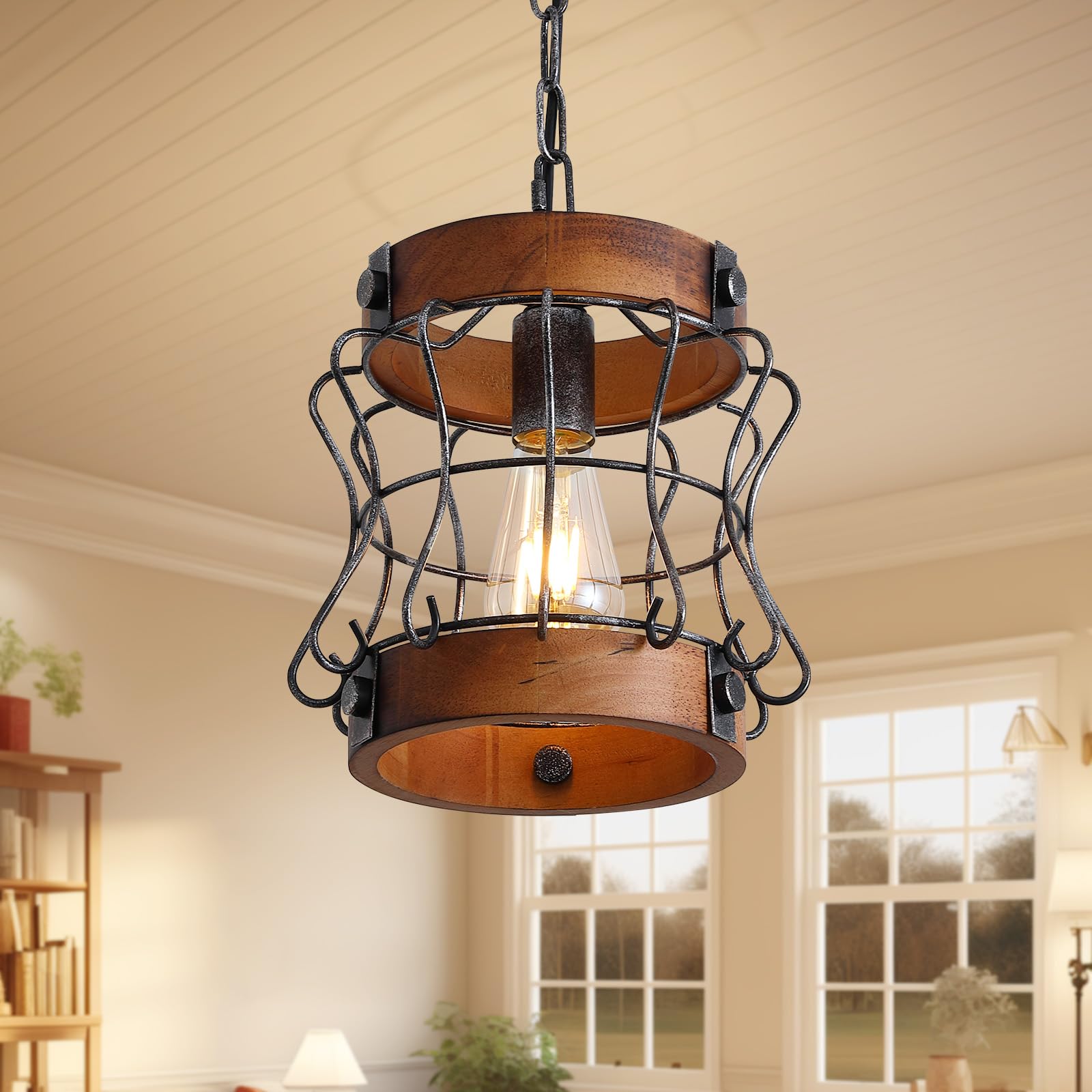 Rustic Chandelier, Modern Farmhouse Chandeliers for Dining Room, Wood Lantern Pendant Lights for Kitchen Island Foyer Hallway Bar, 1-Light Antique Light Fixtures for All Ceilings D 7.5" x H 8.8"