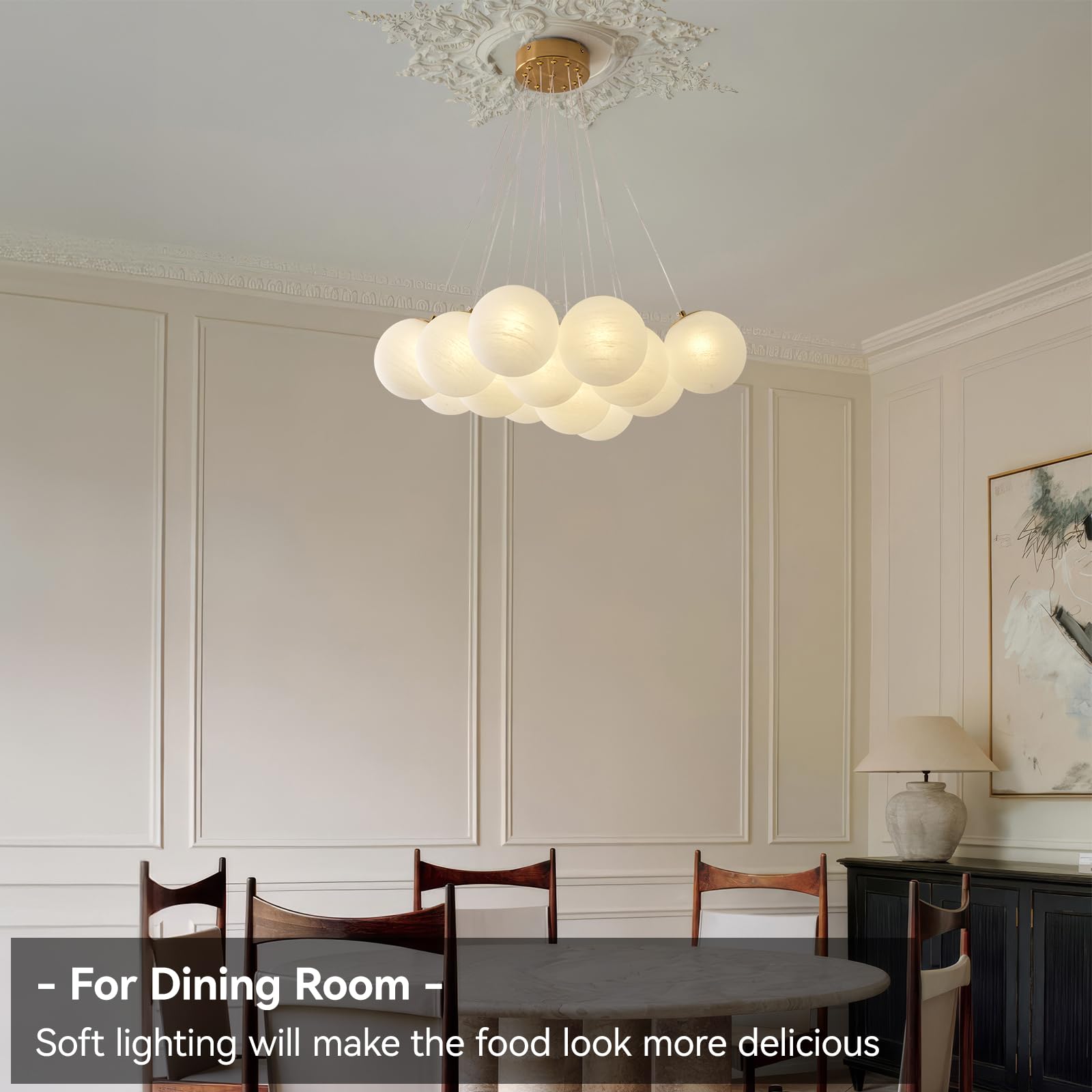 7-Lights Milk Glass Bubble Chandeliers Lighting, Modern Nordic Large Globe Chandelier Mid-Century Ball Pendant Light Fixture for Bedroom, Living Room, Dining Room, Entry, Island