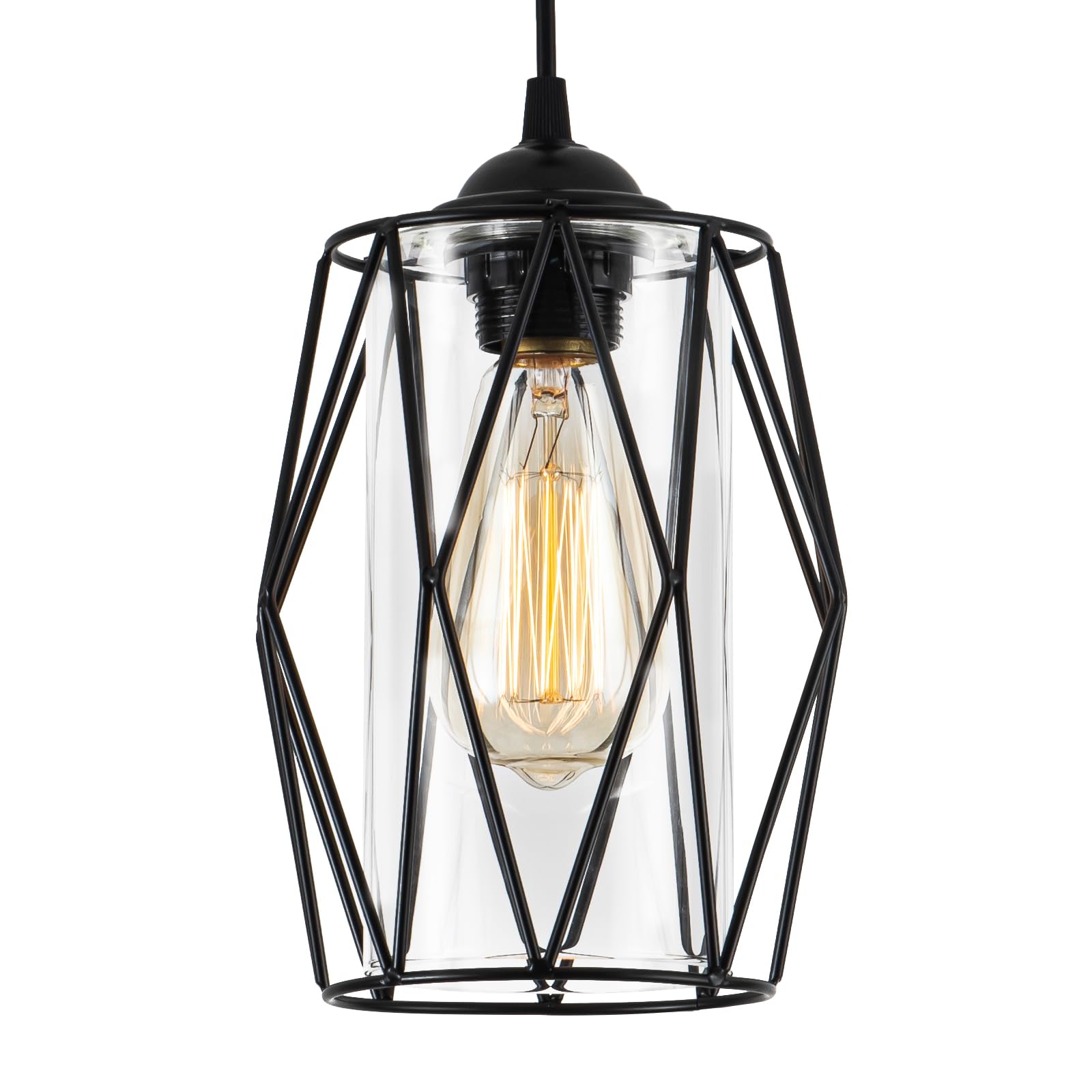 Industrial Black Pendant Light Fixture with Glass Retro Farmhouse Mini Glass Pendant Lighting with Cage Vintage Caged Glass Pendant Light for Kitchen Island, Dining Room, Bedroom, 1-Pack