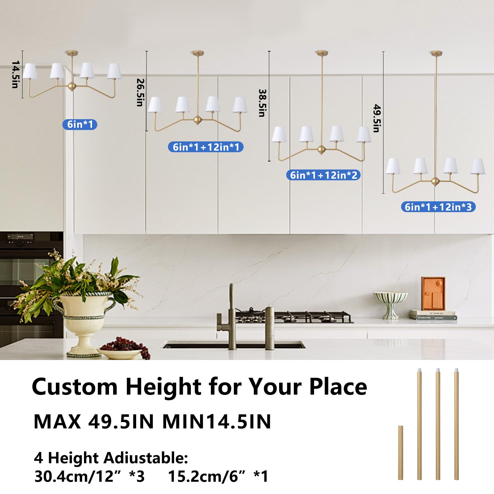 30.5" 5 Arms Gold Chandelier, 5 Lights Kitchen Island Lighting with White Fabric Shade,Dining Room Light Fixture for Hallway Entryway Foyer Living Room，E12.