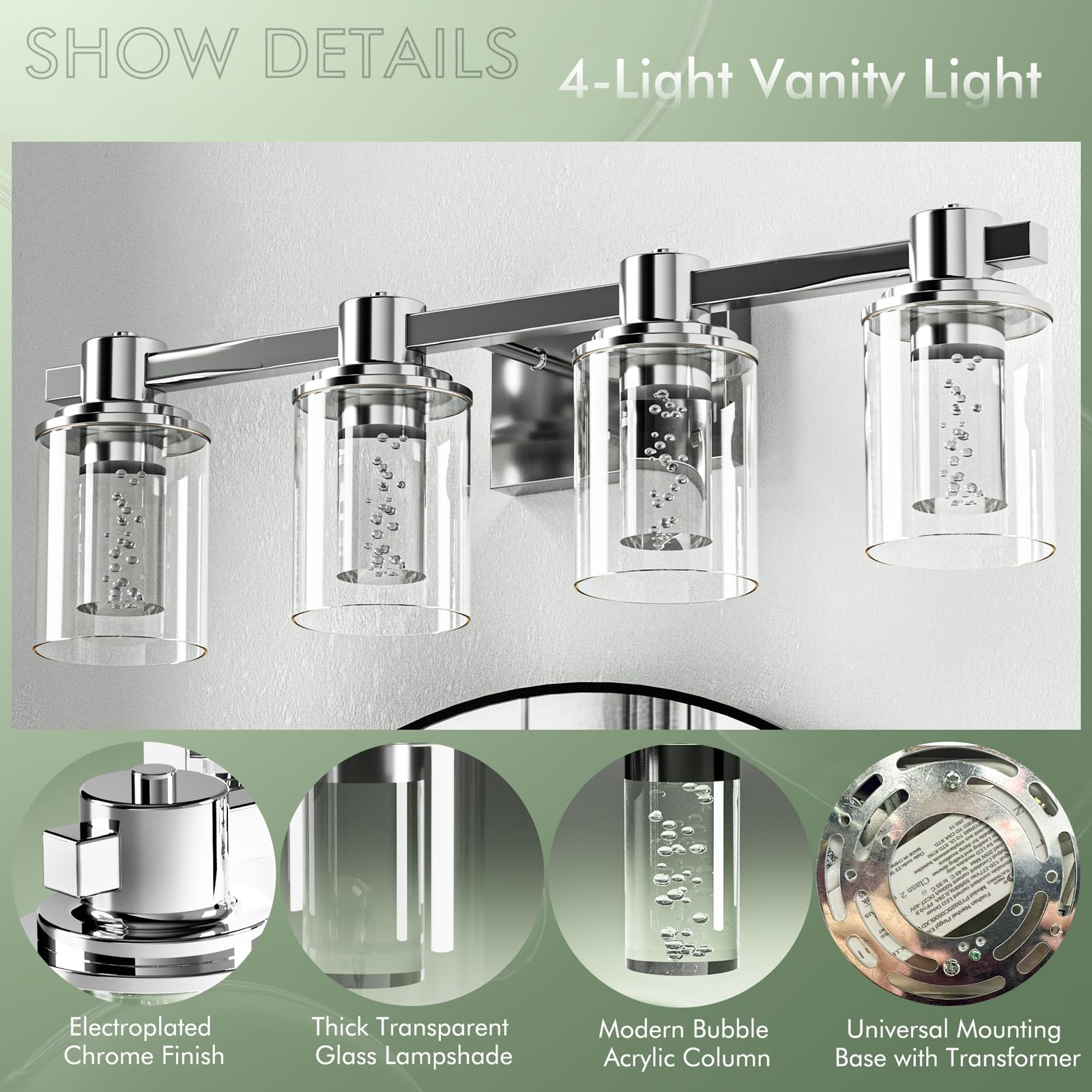 Bathroom Vanity Light Fixtures, 3-Light LED Lighting Fixtures Over Mirror, 5 CCT Modern Chrome Vanity Light for Bathroom with Crystal Bulb Clear Glass Shade Dimmable Bathroom Wall Lamp