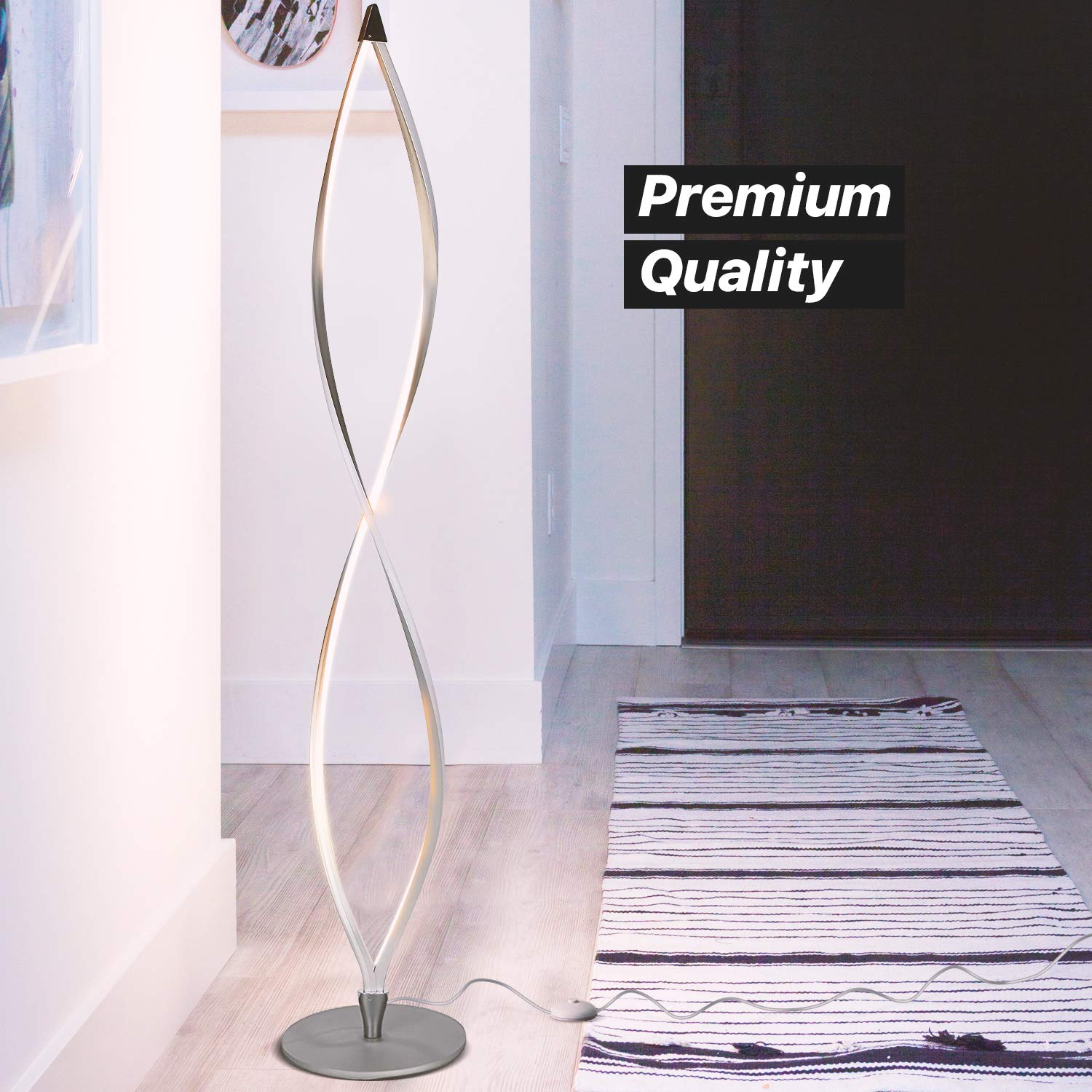 Twist Floor Lamp, Bright Tall Lamp for Offices, Modern LED Spiral Lamp for Living Rooms, Dimmable Standing Lamp with Sturdy Base for Bedroom Reading, Great Living Room Decor - Silver