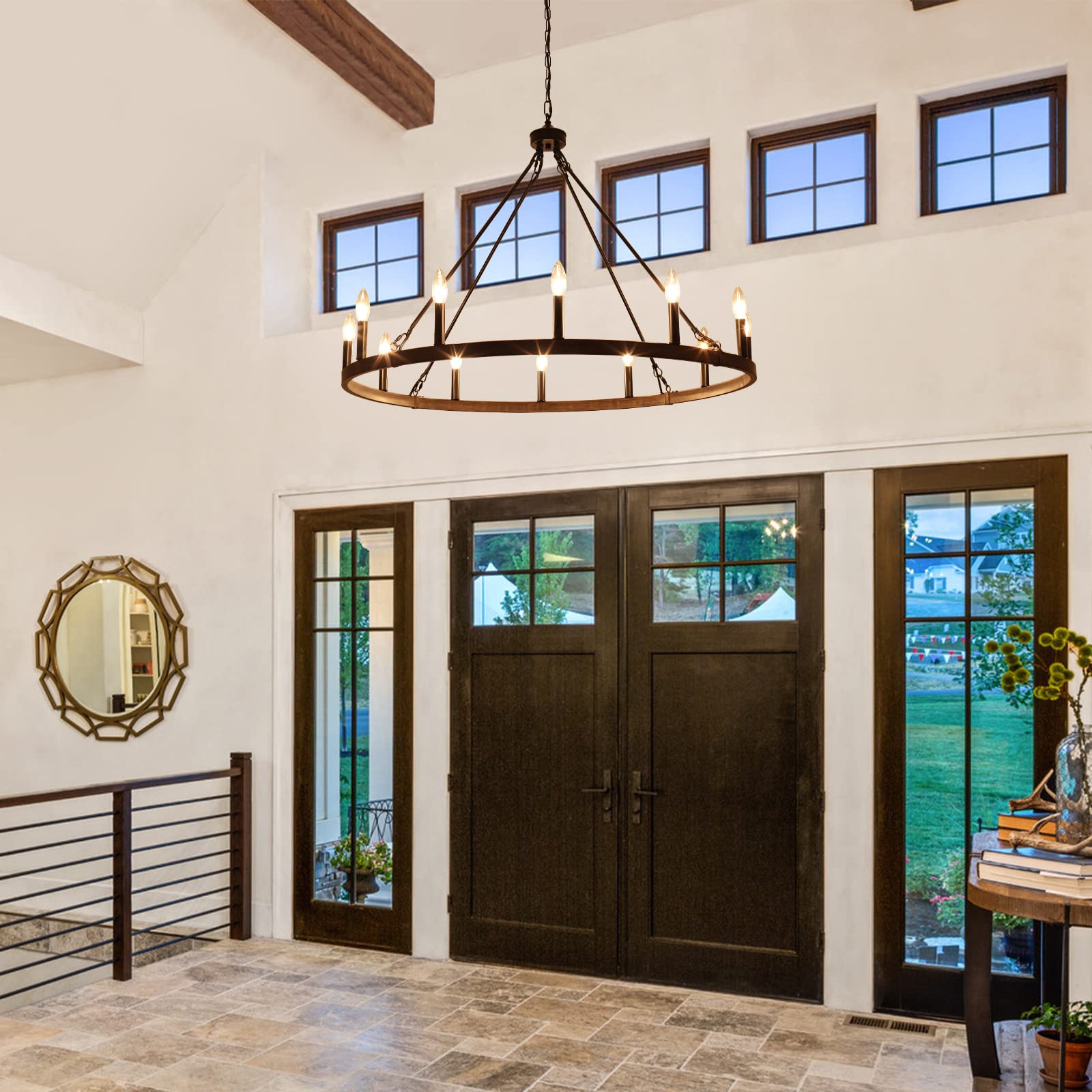 Farmhouse Chandelier for Dining Room 4 Light French County Chandelier White Wooden Rustic Pendant Light Fixtures for Hallway Foyer Living Room Entryway Kitchen Island Bedroom