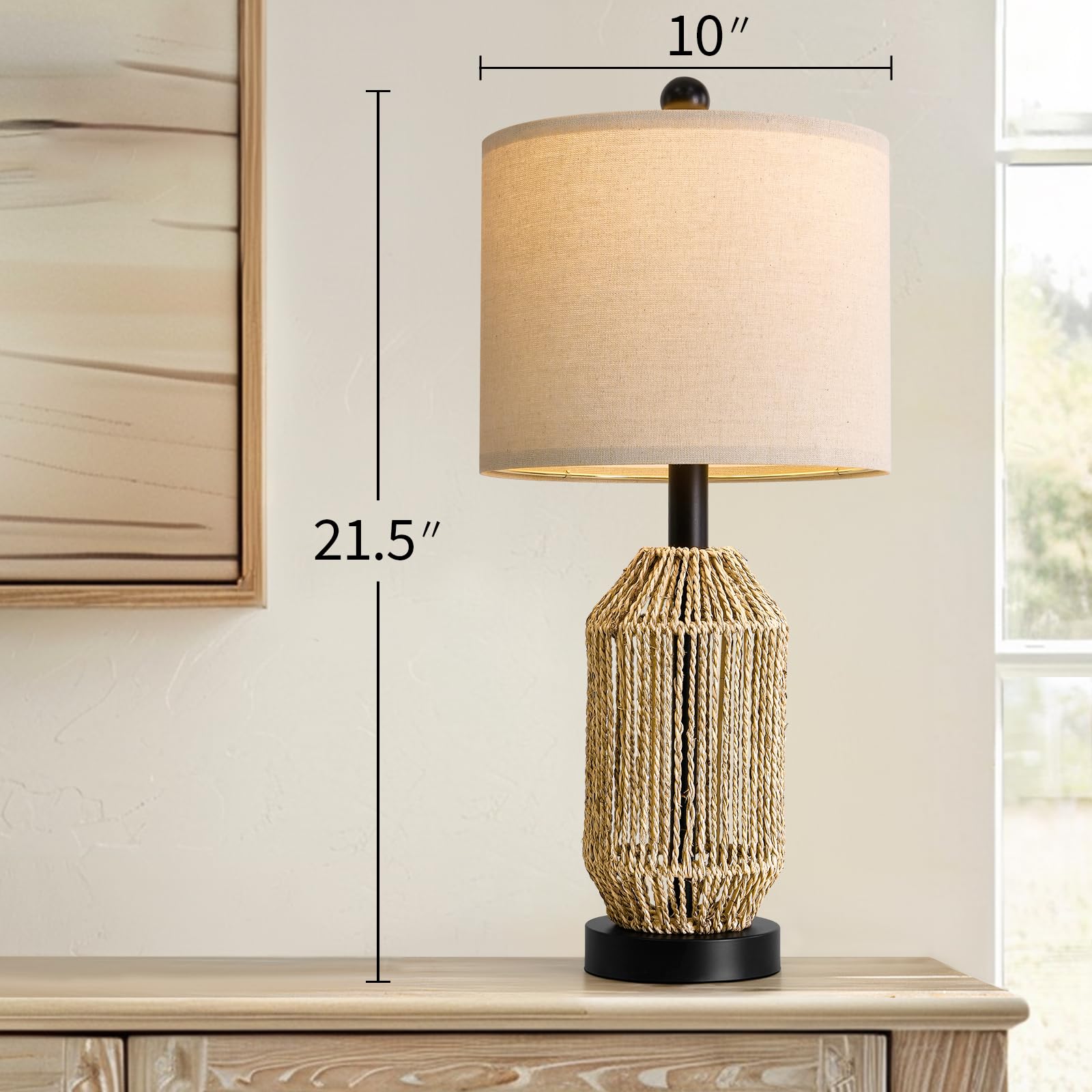 OYEARS 21" Boho Table Lamp for Living Room, Bedside Lamp for Nightstands, Rattan Lamp for Bedroom, Farmhouse Table Lamp for Room Decor, End Table, Retro, Brown, 1 Pack