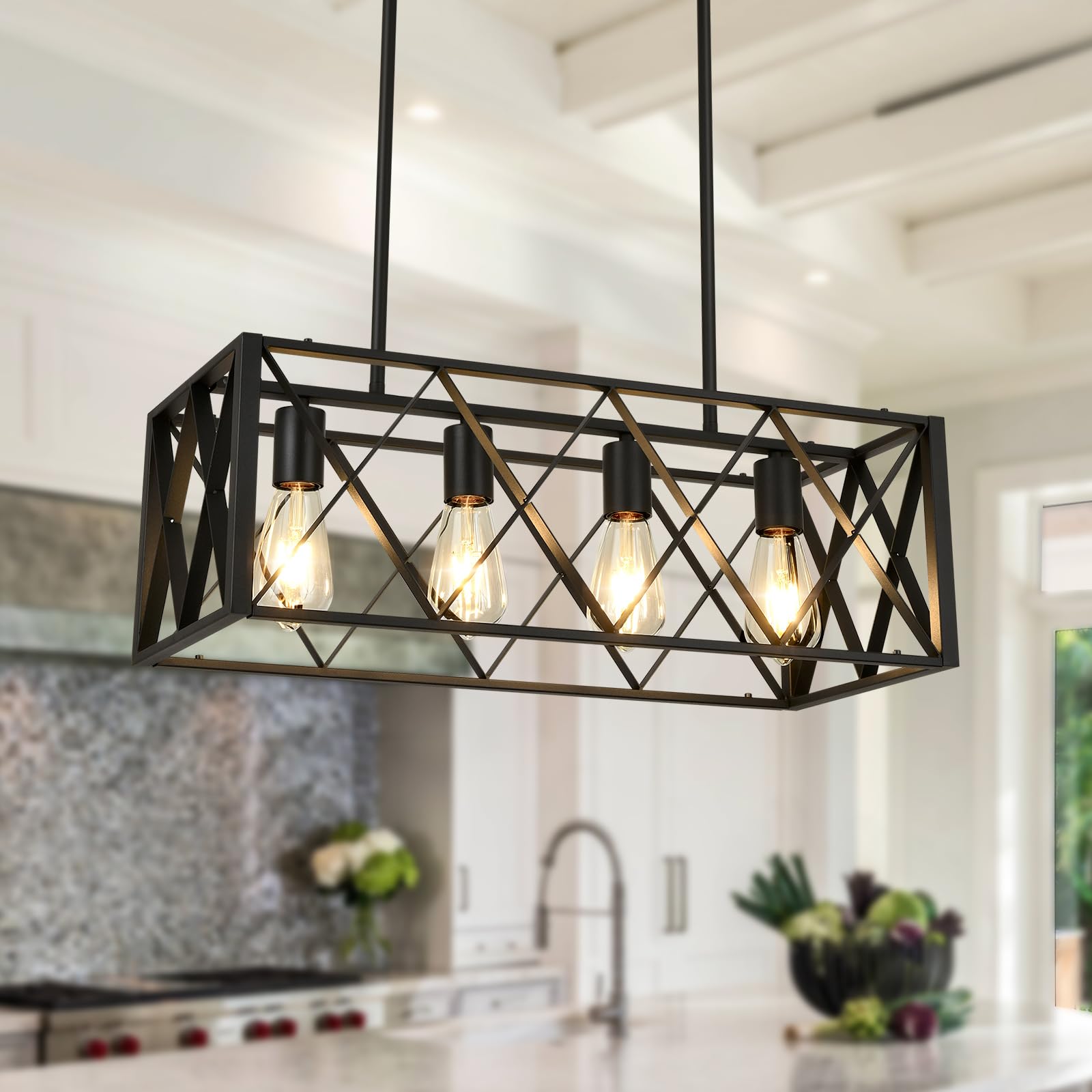 Kitchen Island Pendant Lighting 6-Light Black Metal Industrial Bar Chandelier Fixtures Vintage Hanging Farmhouse Rectangle Linear Chandelier for Dining Room Living Room