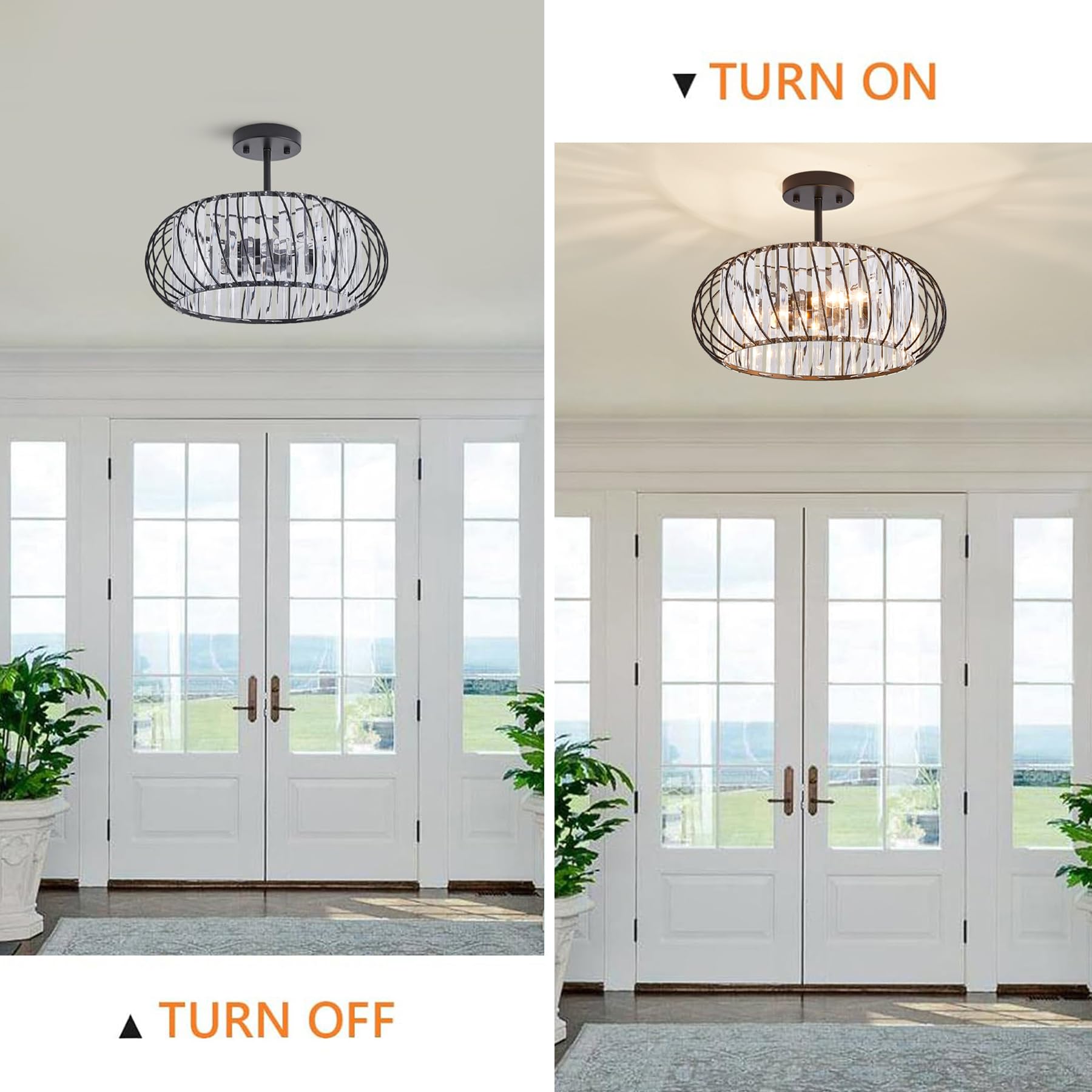 Semi Flush Mount Ceiling Light, 7.5 inch Black Metal Cage Hallway Ceiling Lamps, Farmhouse Ceiling Light Fixture, Industrial Crystal Chandelier for Corridor Bathroom Kitchen (Black 1 Pack)