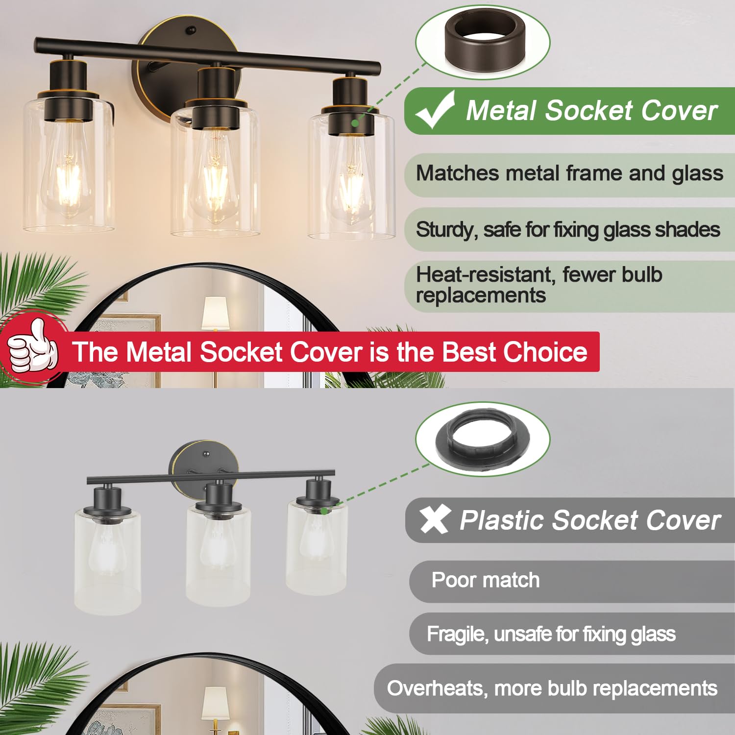 3-Light Bathroom Light Fixtures, Black Modern Vanity Lights with Clear Glass Shade, Bathroom Wall Lamp for Mirror Kitchen Living Room Hallway Cabinet Porch