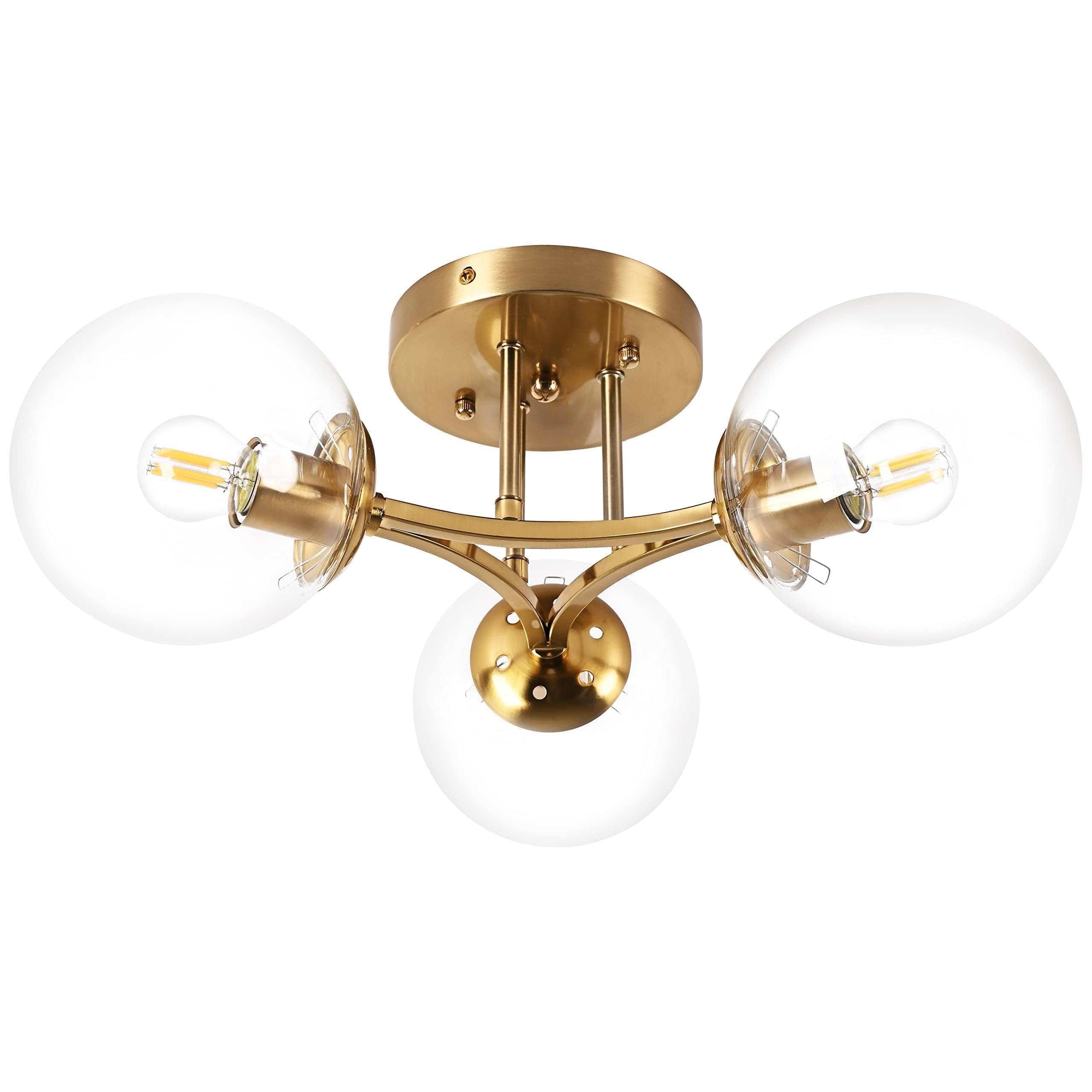 Mid Century Modern Ceiling Light Clear Globe Semi Flush Mount Ceiling Light Gold Sputnik Light Fixture Chandeliers Clear Glass Brushed Brass Chandeliers Living Room Dining Room Bedroom 3 Lights