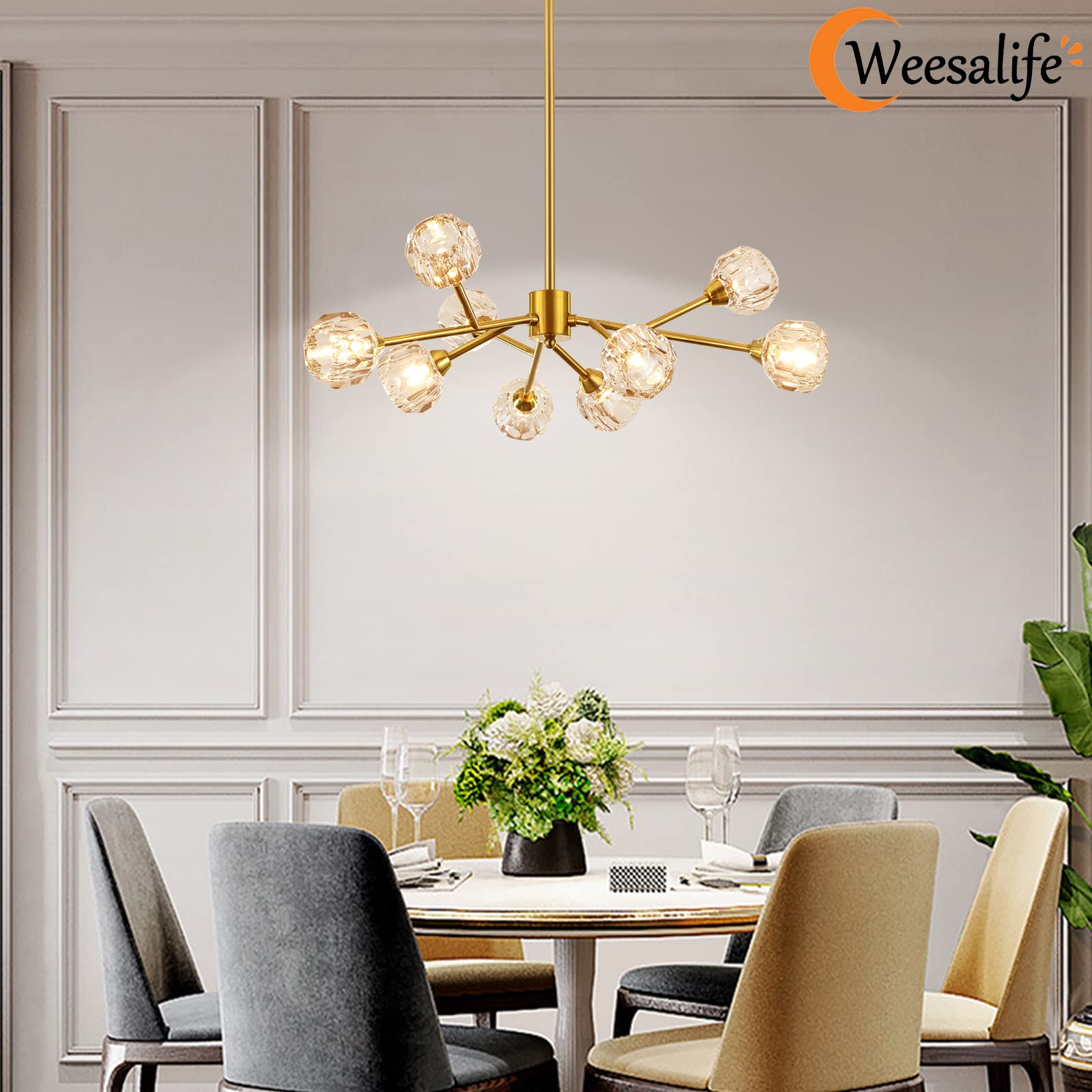 Sputnik Chandeliers for Dining Room Light Fixture, Modern Crystal Chandeliers, 9 Lights Gold Chandelier for Living Room Bedroom, Dining Room Chandelier Over Table, Kitchen Light Fixtures