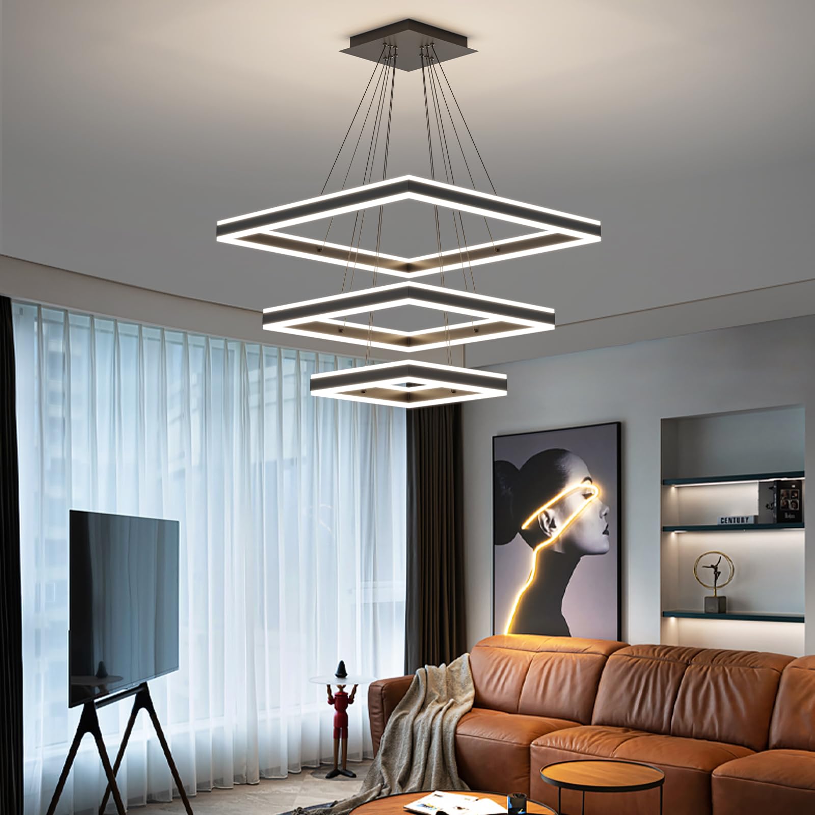 Modern LED Chandelier, Double Rectangles Ceiling Pendant Lights, LED Island Lights Dimmable Chandeliers for Dining Room Living Room Bedrooms, Black (40CM/60CM)