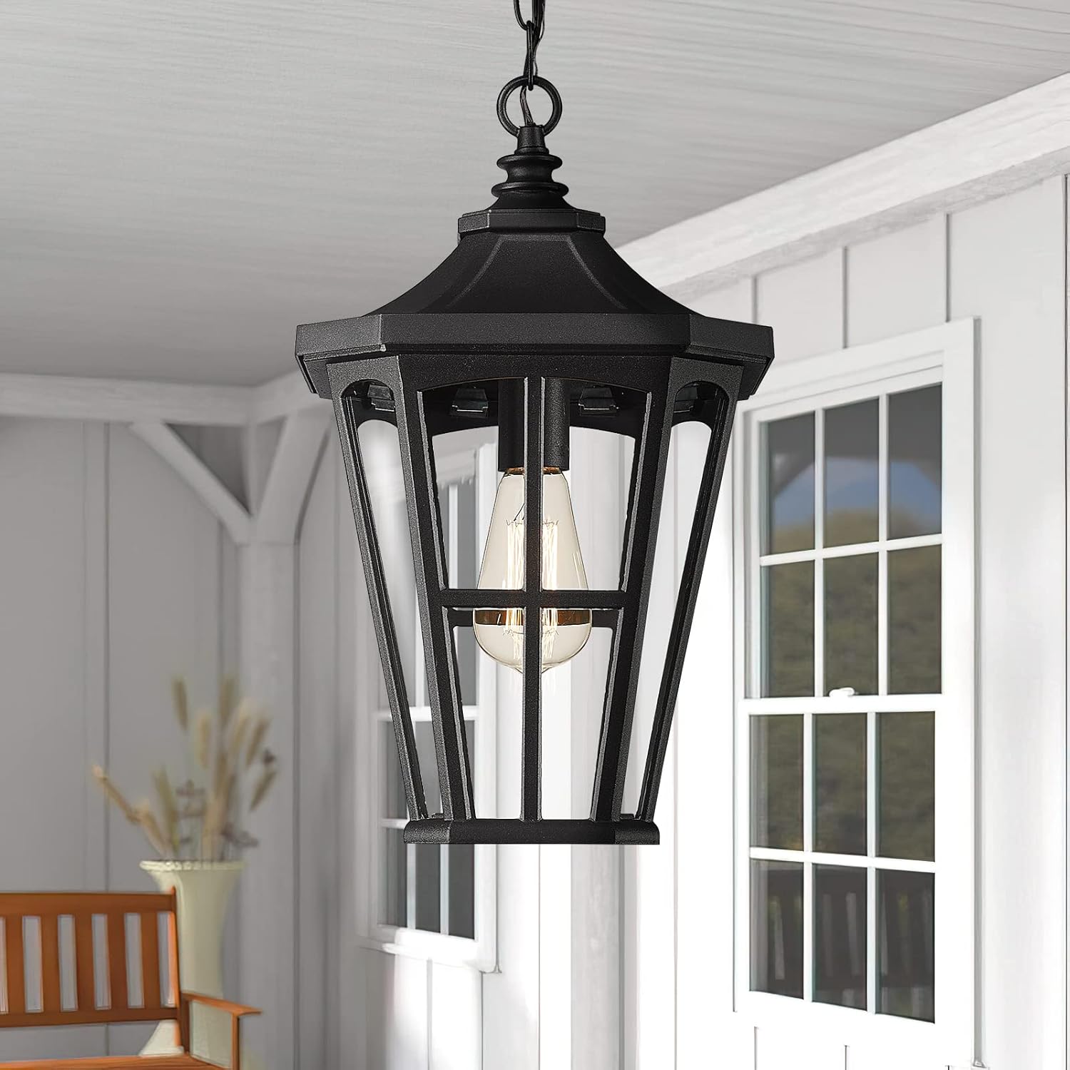 Farmhouse Outdoor Hanging Light for Porch - 16 Inch Large Exterior Pendant Light, Clear Glass Shade in Black Finish, XE221H BK