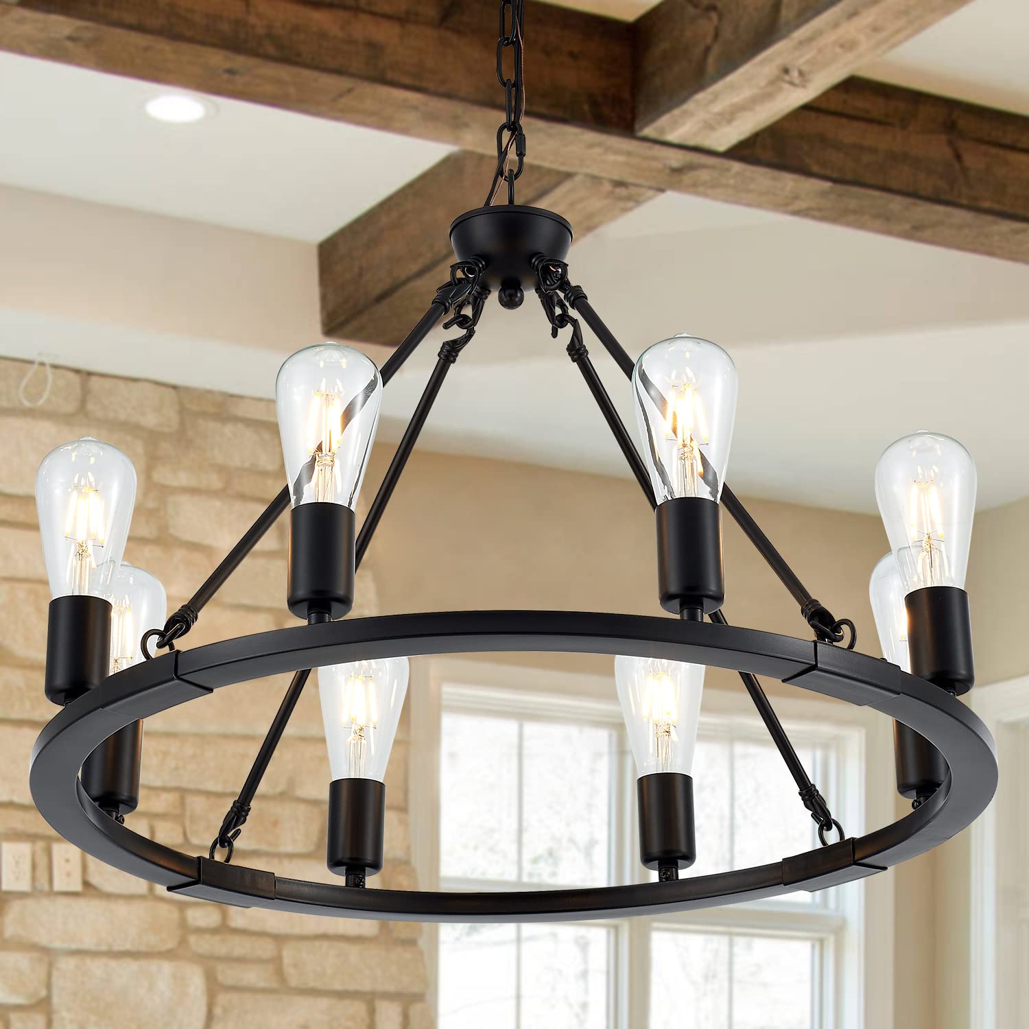 Black Farmhouse Wagon Wheel Chandelier 8-Light 23.6'' Vintage Industrial Round Hanging Ceiling Pendant Light Fixture for Kitchen Island Living Dining Room Bedroom Hallway Entryway Foyer