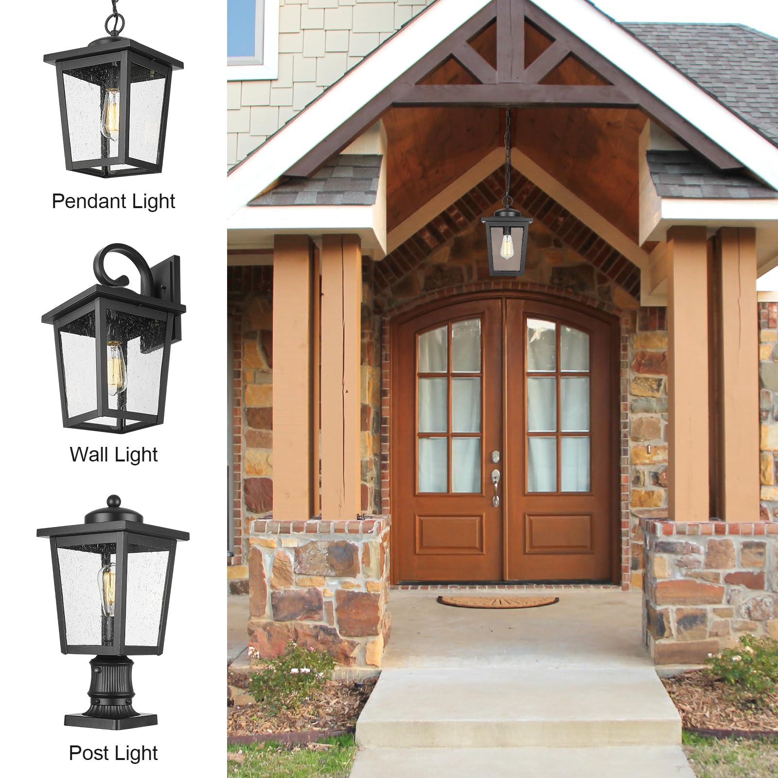 Outdoor Pendant Light for Porch, Exterior Hanging Lantern Outdoor Chandelier in Black Finish for Entryway, Doorway, Farmhouse, Foyer