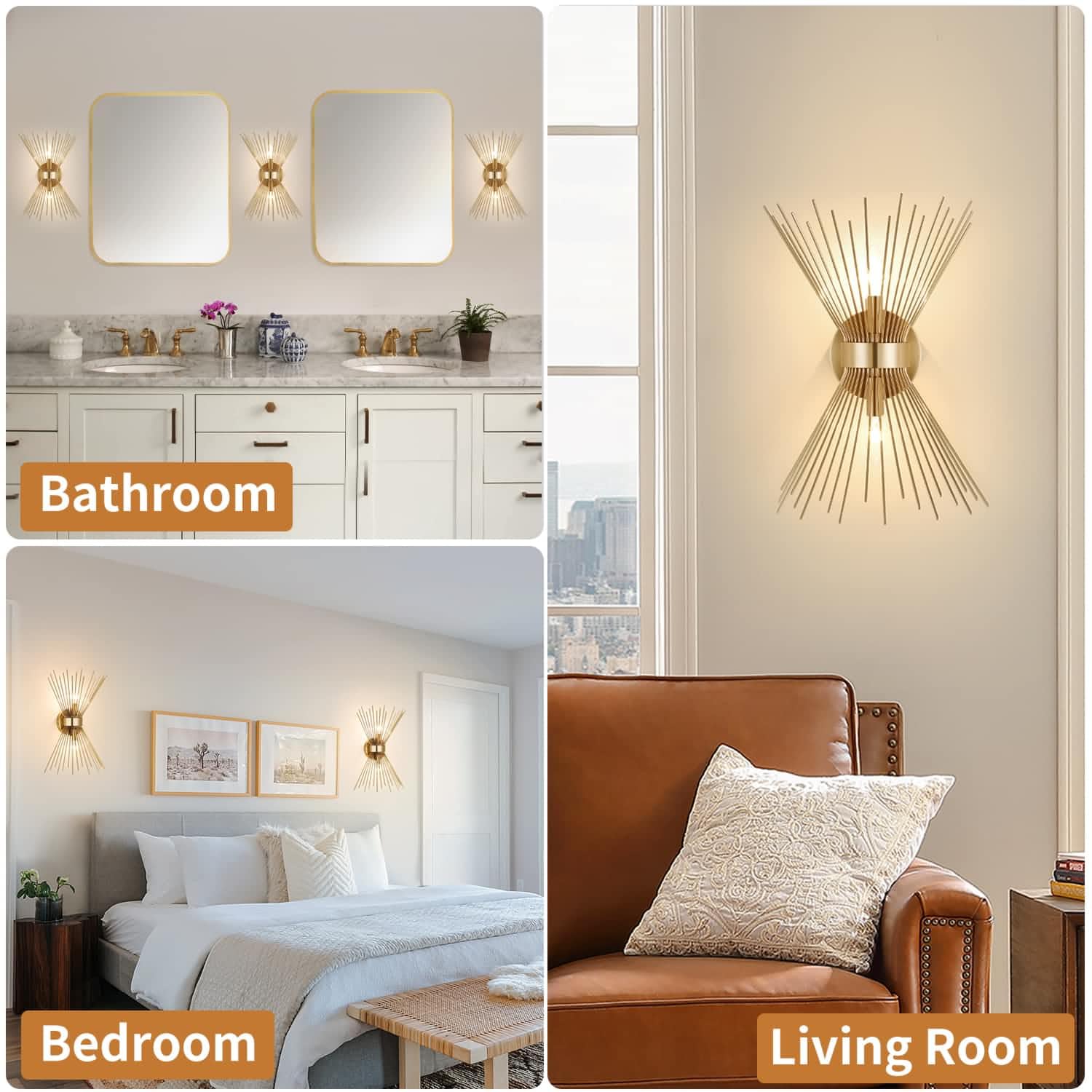 2 Pack Gold Wall Sconce, Starburst Wall Sconces Set of Two Over Mirror, Mid Century Modern Light Gold Brass Bathroom Light Fixtures for Living Room, Bedroom