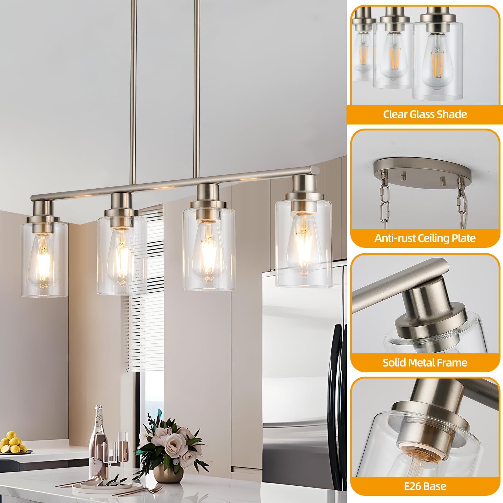 Kitchen Island Lighting, 4-Light Dining Room Light Fixtures Over Table, Gold Linear Chandelier for Dining Room Hanging,Pendant Lights Kitchen Island,with Clear Glass Shade,Height Adjustable