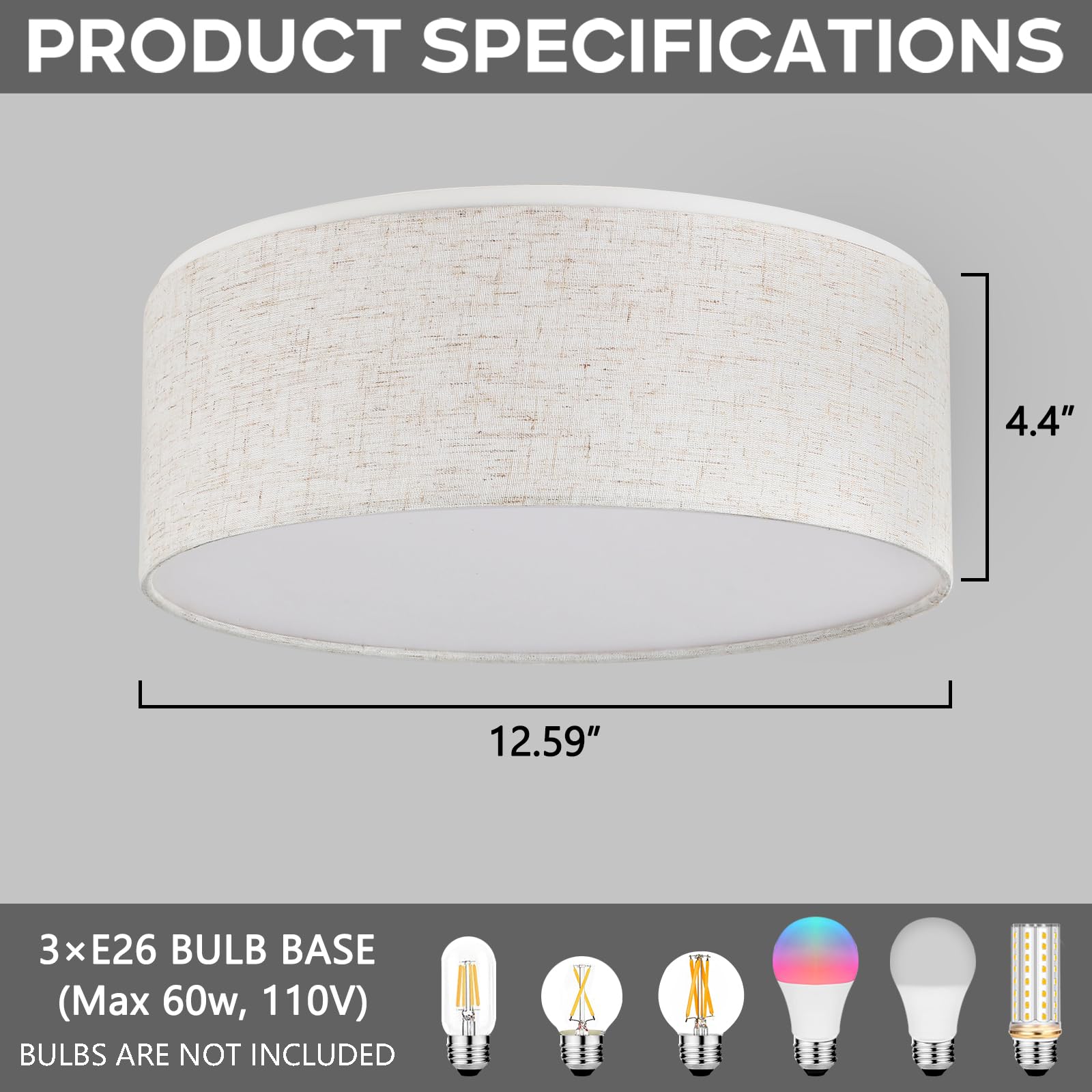 3-Light Double Fabric Drum Ceiling Light Fixture, 12.59 Inches Simple Semi Flush Mount Ceiling Lights with Double Fabric Shade, Modern Close to Ceiling Lights for Bedroom, Hallway E26 60W