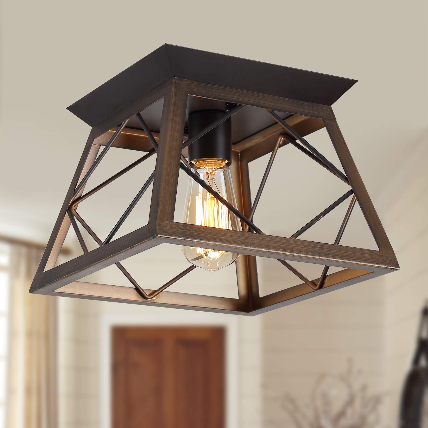 Farmhouse Ceiling Light Oak Semi Flush Mount Vintage 4-Light Square Rustic Island Light Fixtures for Entryway Hallway Dining Room Living Room Bedroom