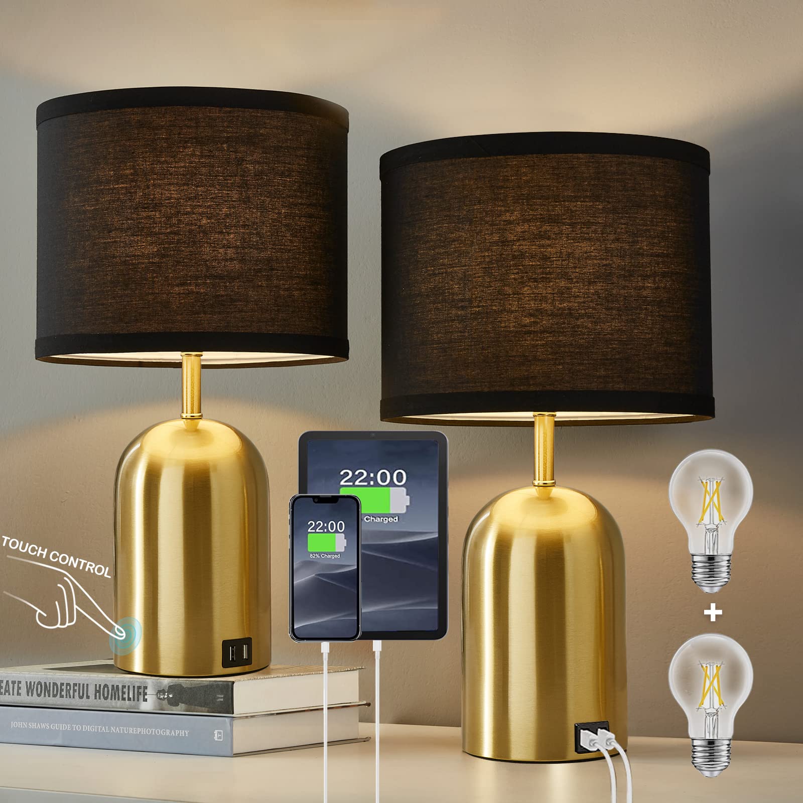 Touch Control Table Lamps Set of 2, Bedside Table Lamps for Bedrooms Set of 2 Modern Living Room 3 Way Dimmable Gold Bedside Lamp for End Table with 2 USB Charging Ports, 2 Bulbs Included