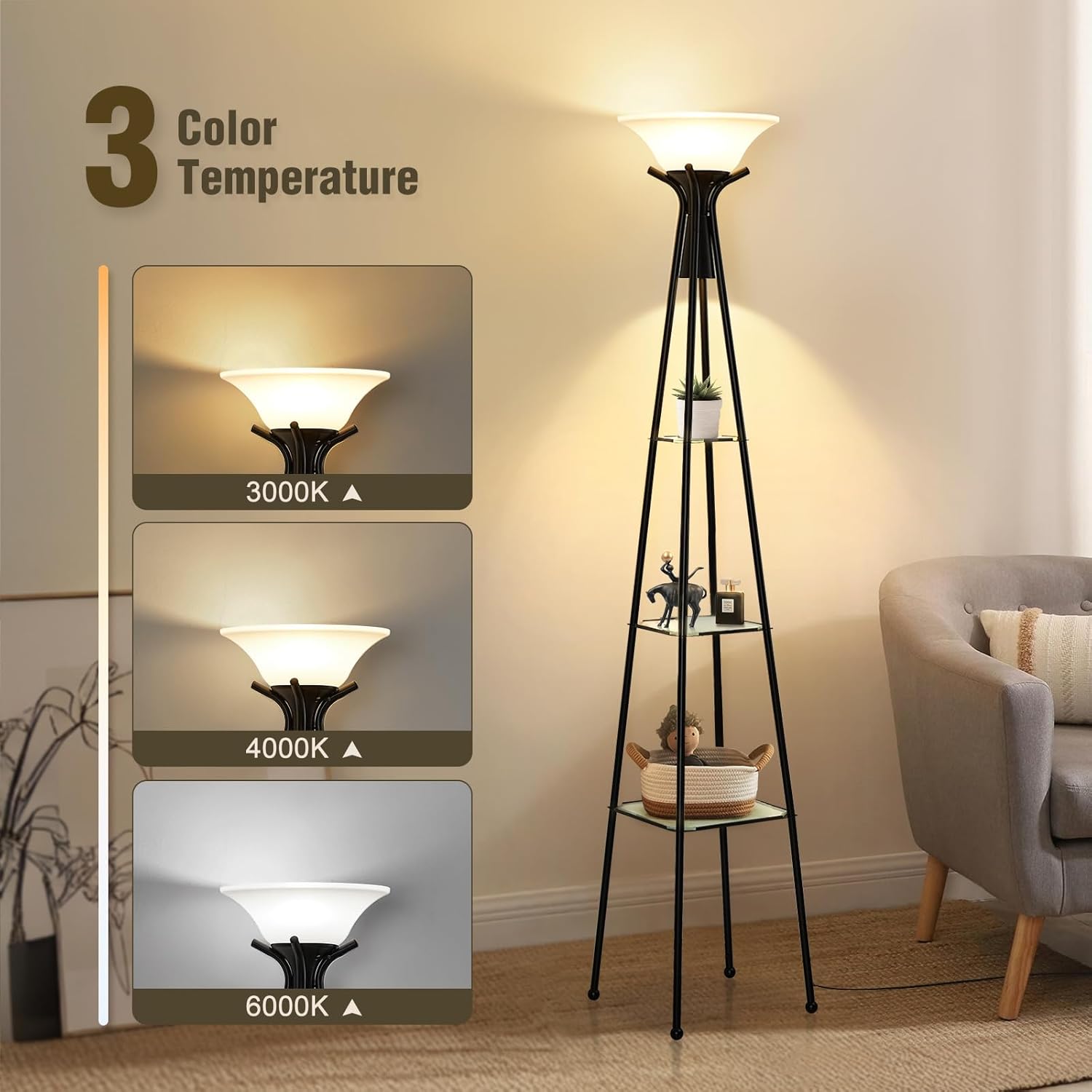 Floor Lamp with Shelves, 69” Tall Shelf Lamp, 3-Tier Modern Shelf Floor Lamp, Floor Lamps for Living Room, Bedroom, Home Office, Standing Lamp with 8W Bulb, Black & White