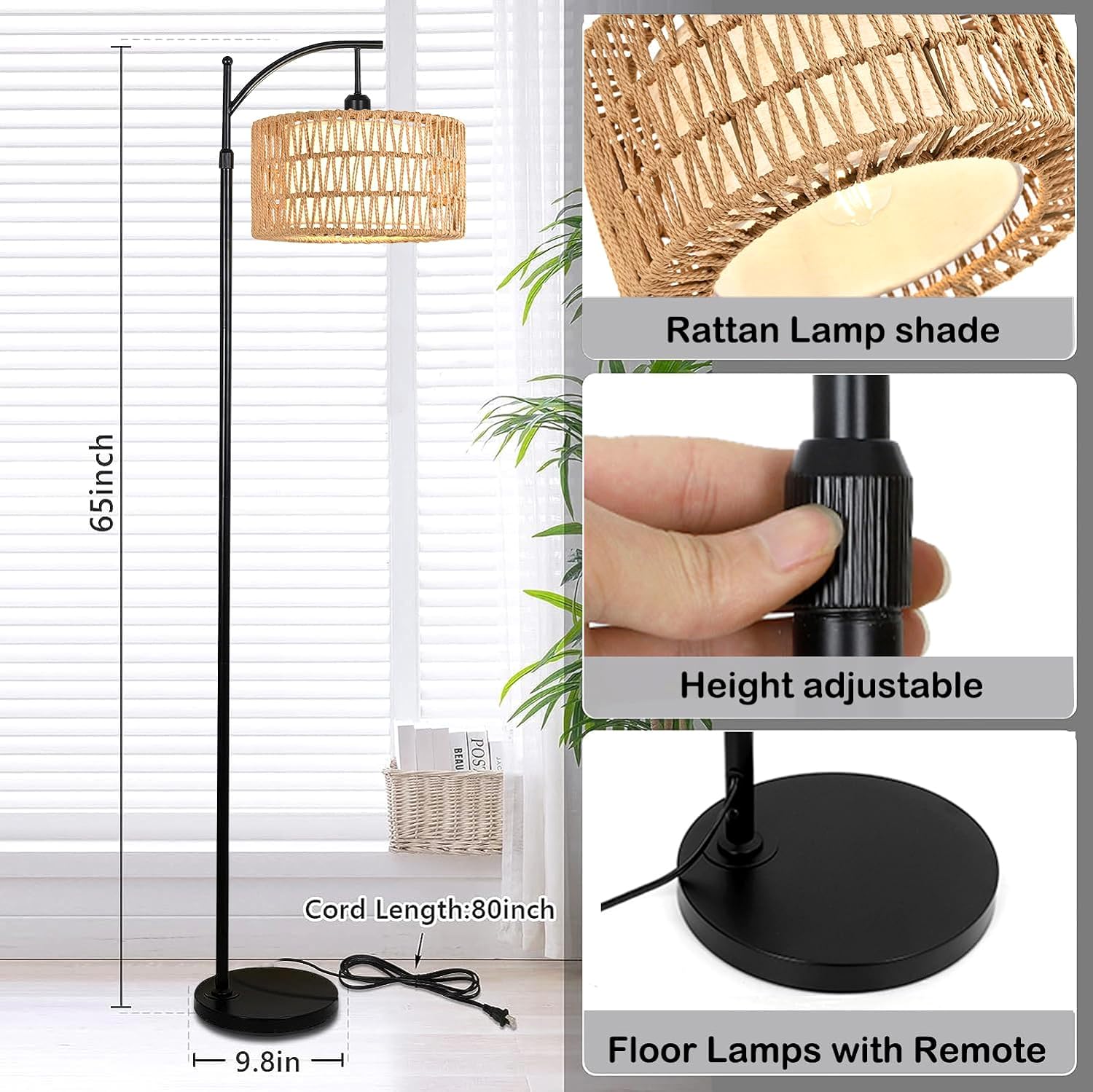 Floor Lamp for Living Room Bedroom with Remote Boho Rattan Arc Standing Lamp Dimmable Black Farmhouse Wicker Bamboo Lamp Shade Floor Light Adjustable Tall Lamp Industrial Floor Lamps Bohemian