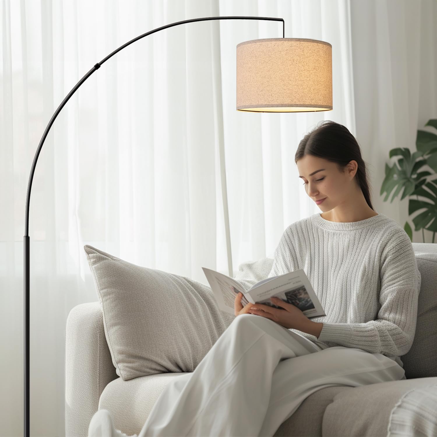 Modern Arc Floor Lamp for Living Room Arching Hanging Lamp Shade Over The Couch for Reading Bedroom Office Brushed Steel Arch Standing Floor Light Silver