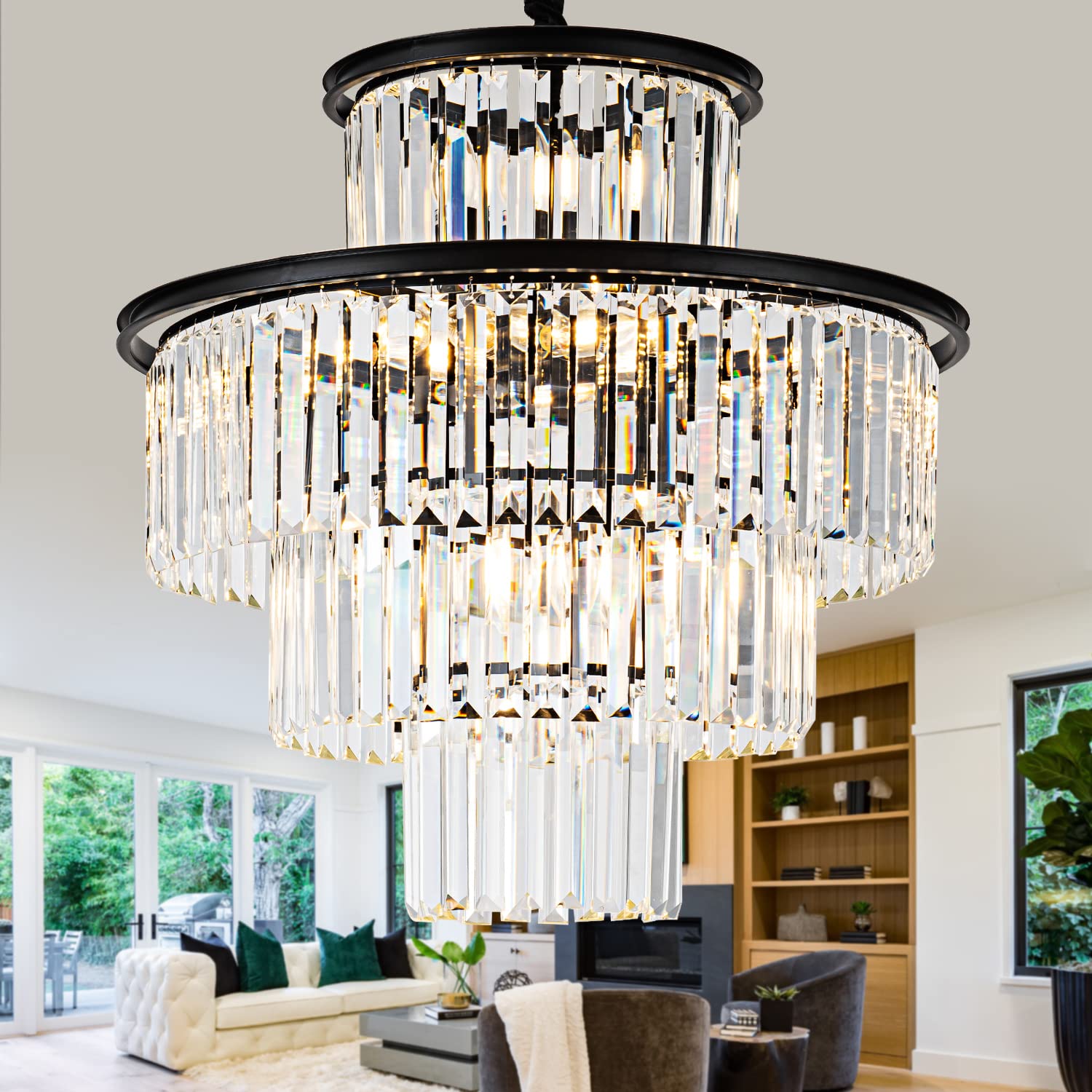 23" 8-Light Modern Crystal Chandelier Light Fixtures 2 Rings Gold Luxury Chandeliers for Dining Room Round Hanging Pendant Lighting for Living Room Kitchen Entryway Bedroom