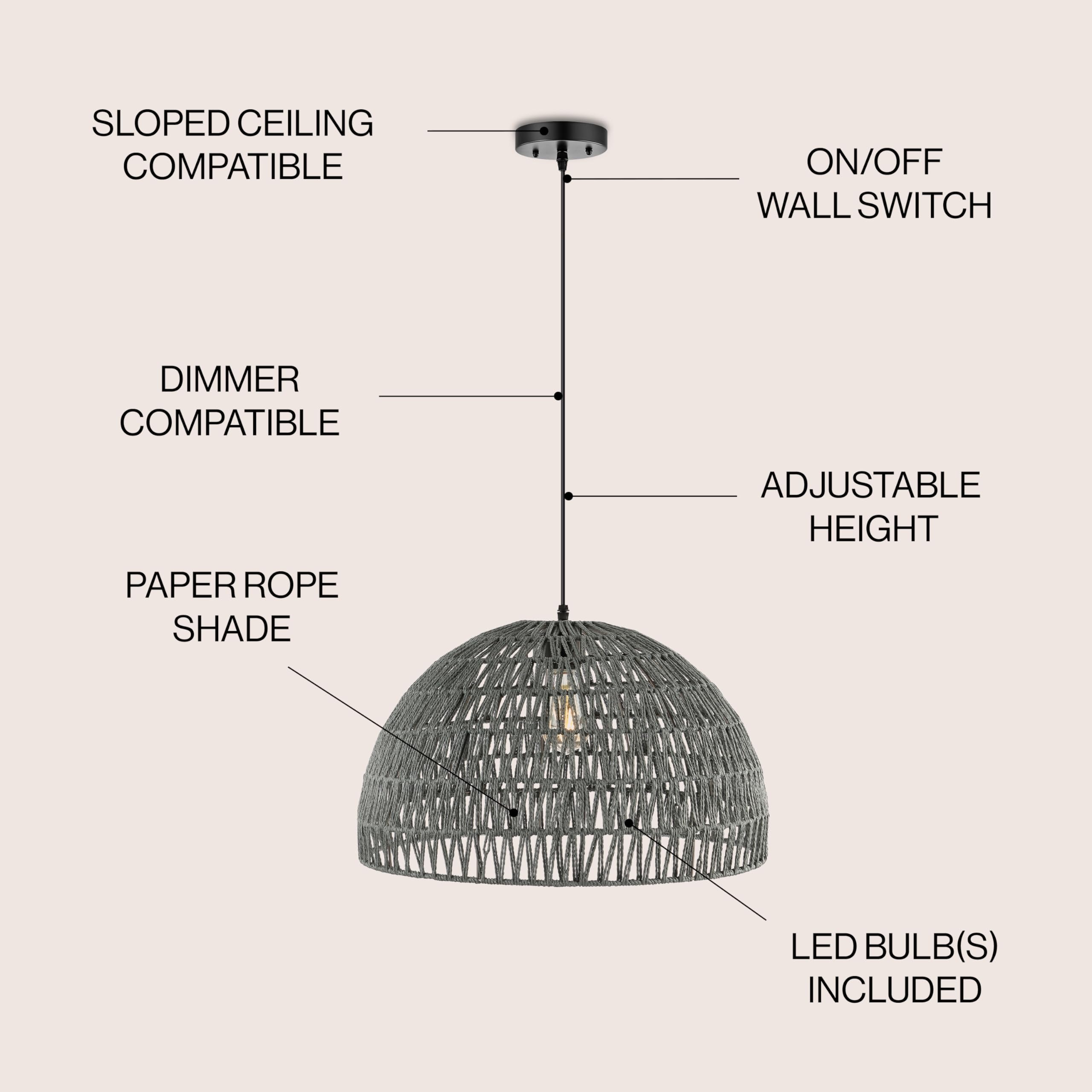 20" 1-Light Bohemian Modern Woven Rattan/Iron LED Pendant Farmhouse Coastal Adjustable Dining Room Living Room Kitchen Island Foyer Bedroom Hallway, Black