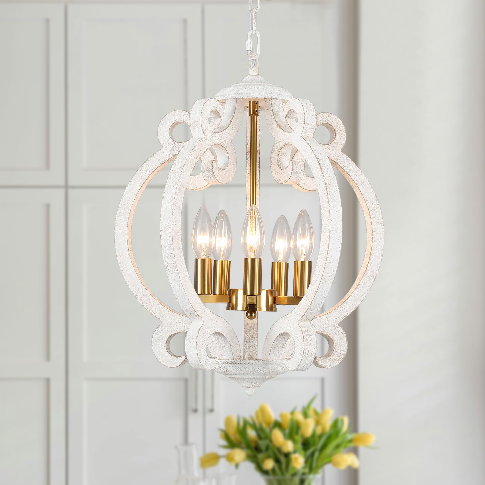 Antique Distressed White & Gold Wooden Farmhouse Chandelier for Dining Room, 5 Lights French Country Chandeliers Rustic Pendant Lighting for Living Room Kitchen Island Bedroom Entryway