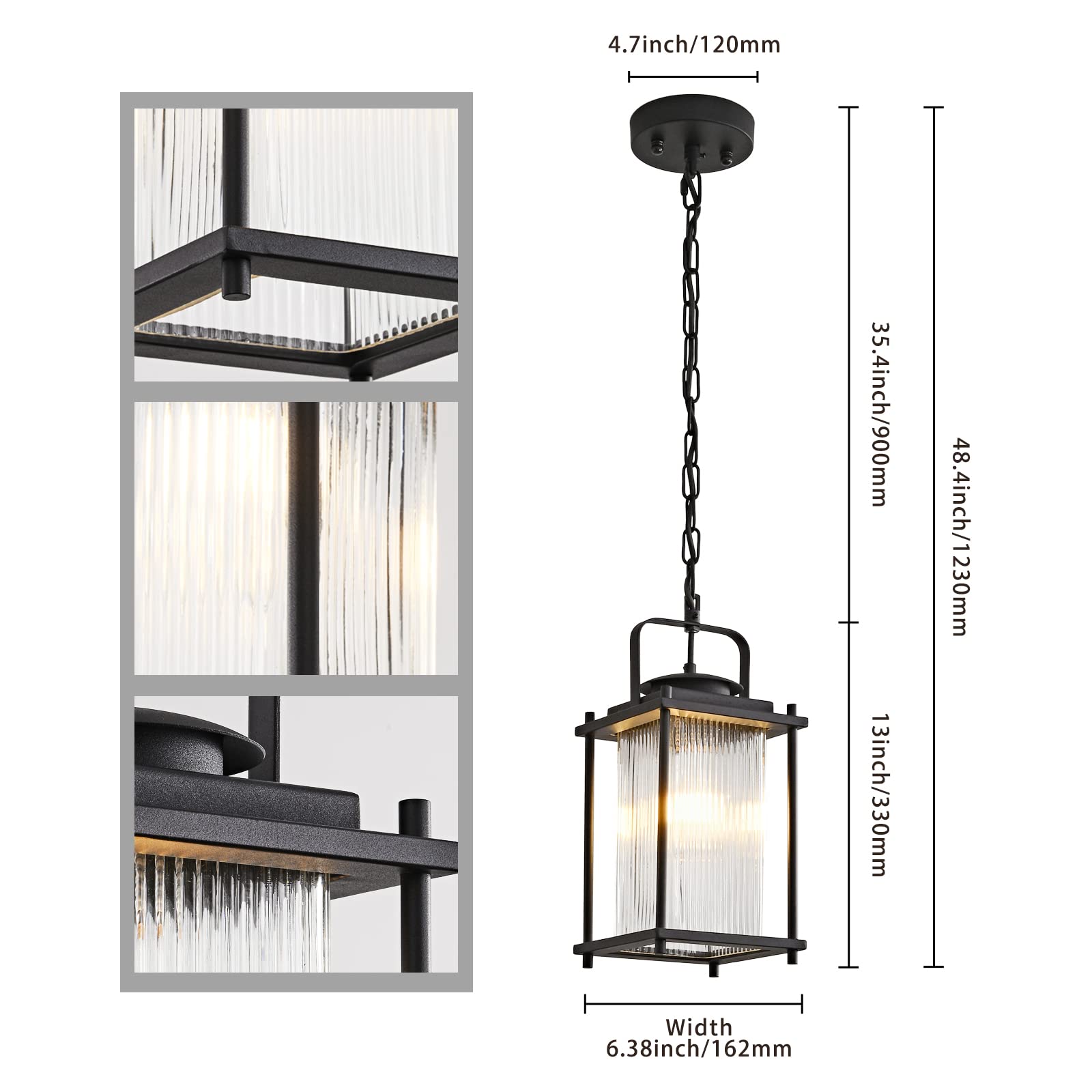 Outdoor Hanging Porch Light Waterproof Black and Gold Outdoor Pendant Lights Outdoor Chandelier with Striped Glass for Porch Entryway and Front Door.